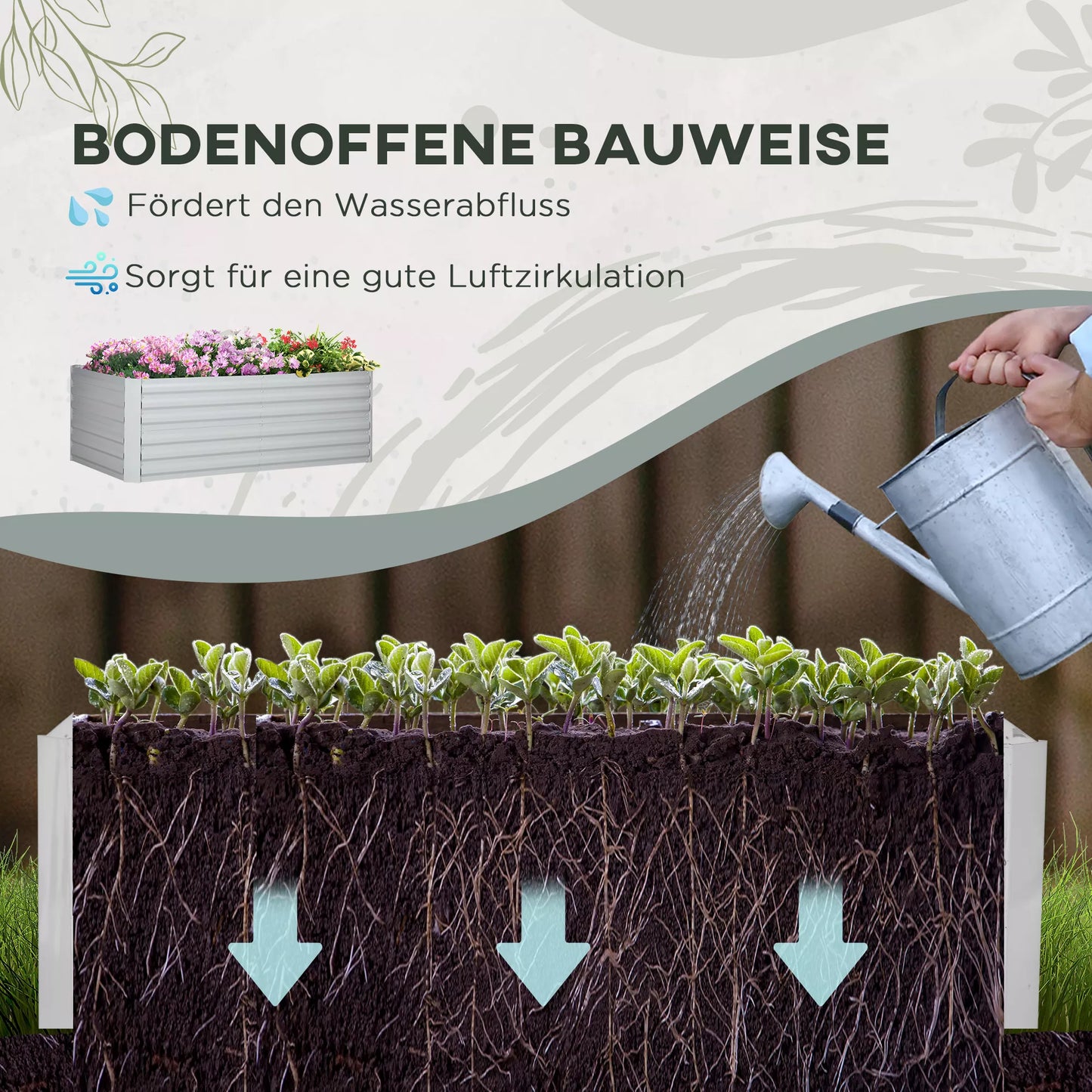 Sodinukų dėžė, patogi lysvė sodinimui, auginimui ir priežiūrai, paaukštinta lysvė, plienas, šviesiai pilka