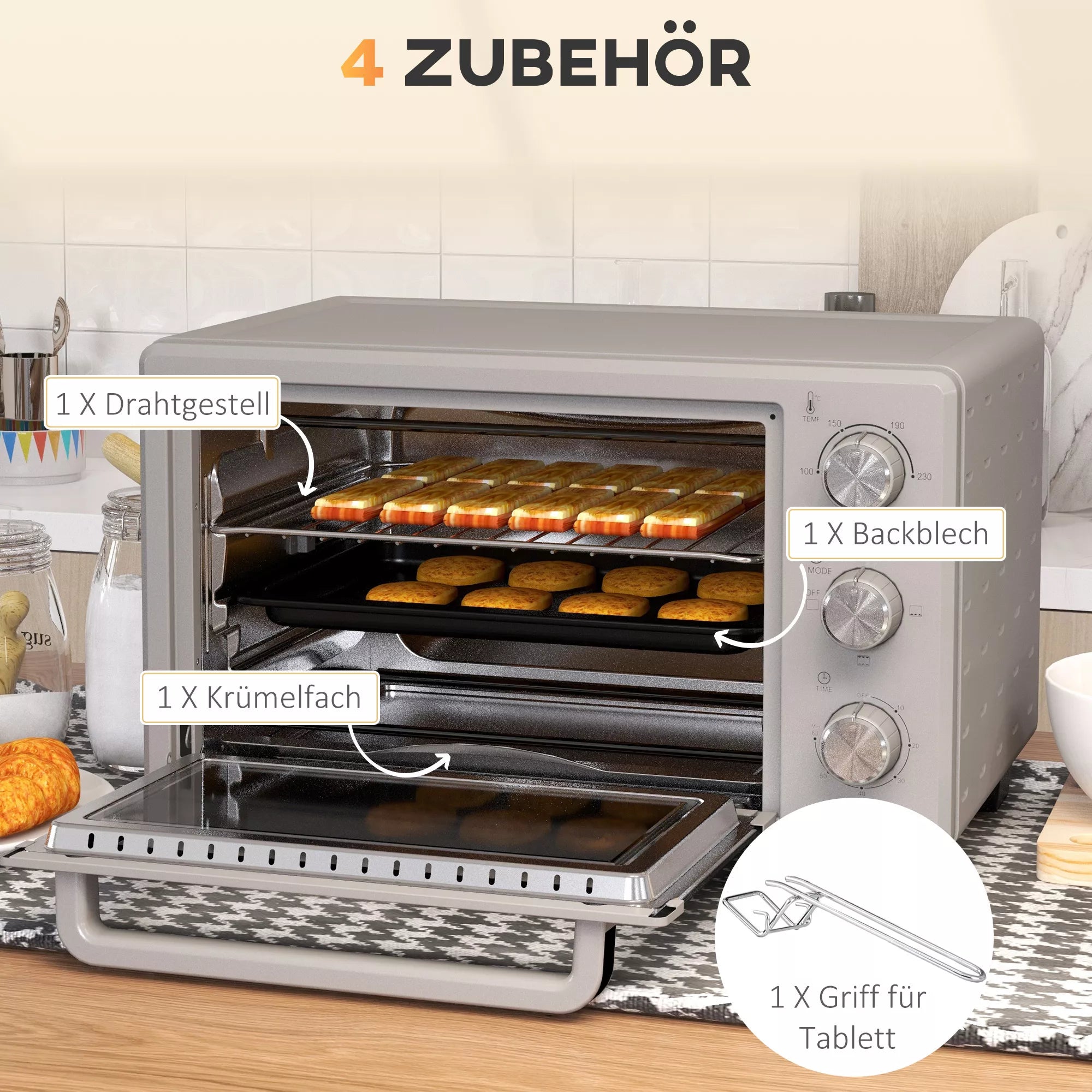 Mini orkaitė, 21 l Tosteris su 1 vieliniu grotelių rėmu ir 1 kepimo skarda, 3 kepimo režimai, 100 °C–230 °C, nerūdijantis plienas, stiklas, sidabras