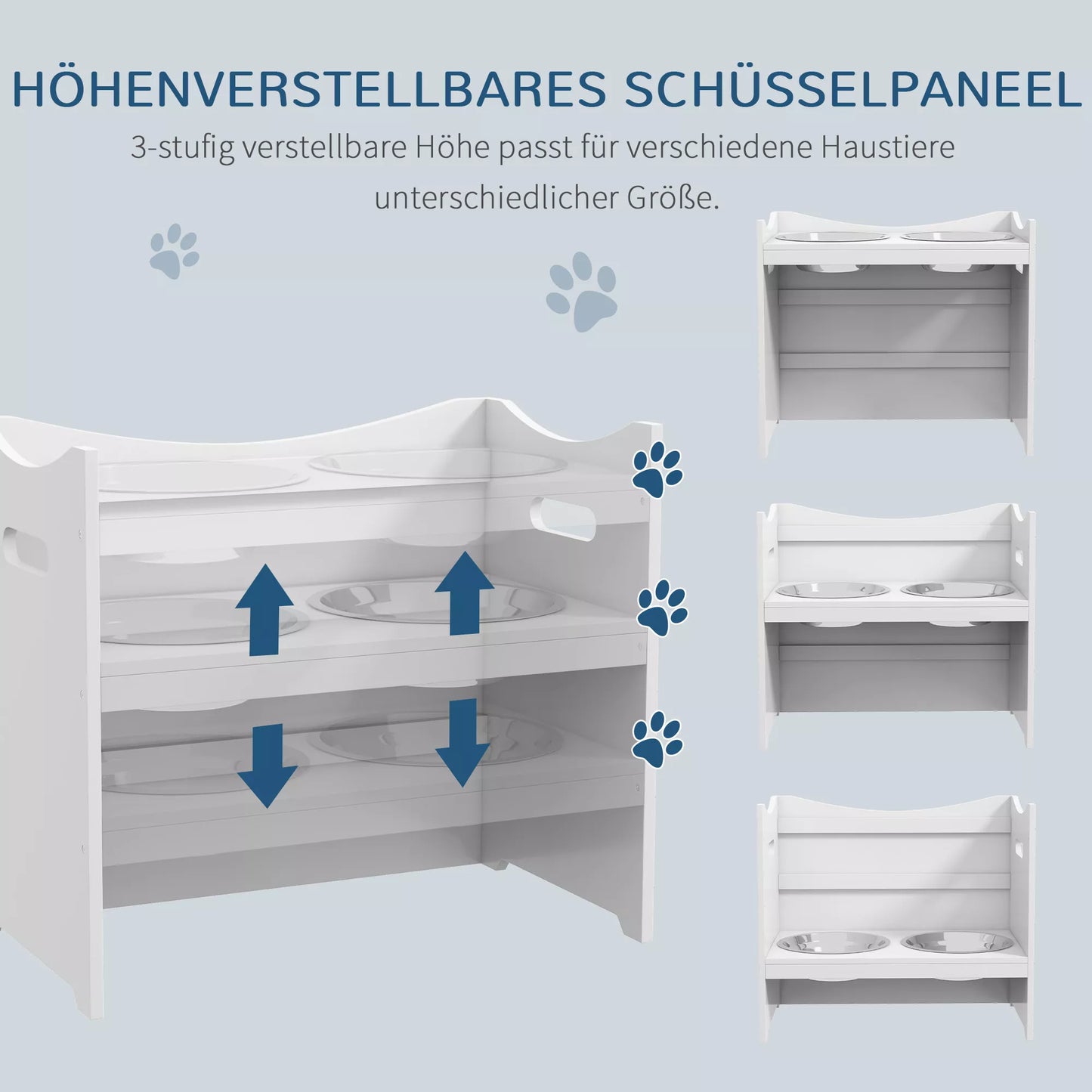 Maisto stotelė šunims, 2 nerūdijančio plieno dubenėliai, reguliuojamo aukščio, 54x31,5x47cm, balta