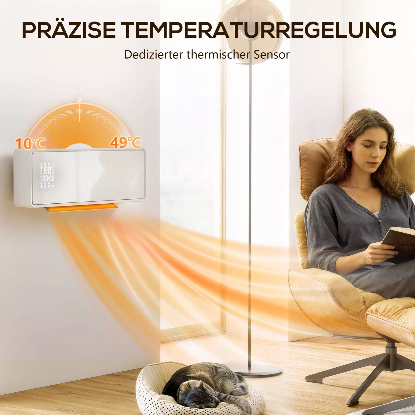 Sieninis 2000W keraminis elektrinis šildytuvas su ventiliatoriumi, termostatu, laikmačiu, nuotolinio valdymo pultu, stiklo skydeliu, baltas