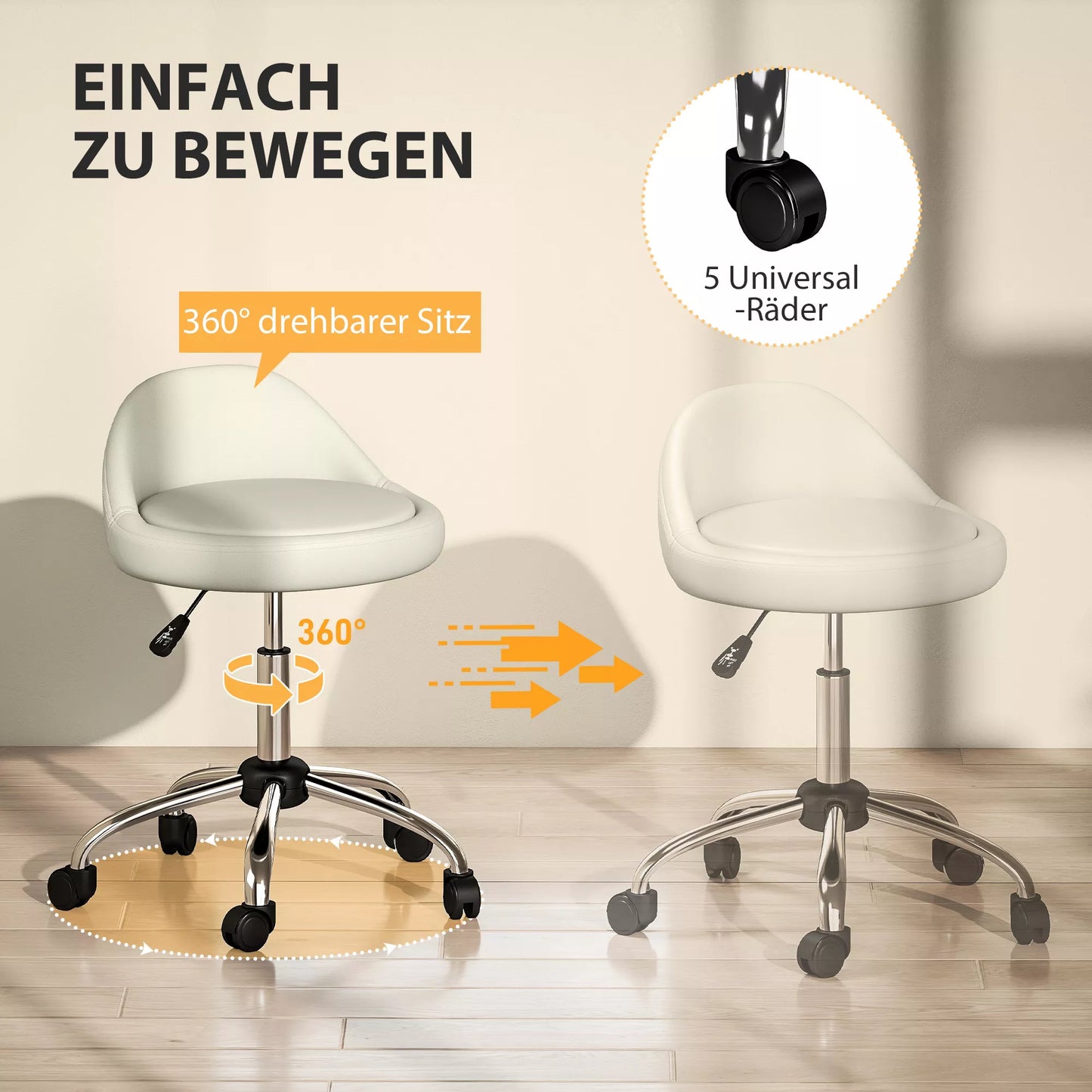 Darbo taburetė Sukiojama taburetė Ratinė taburetė, reguliuojamo aukščio, sukiojama sėdimoji dalis, 50 cm x 50 cm x 83 cm, balta