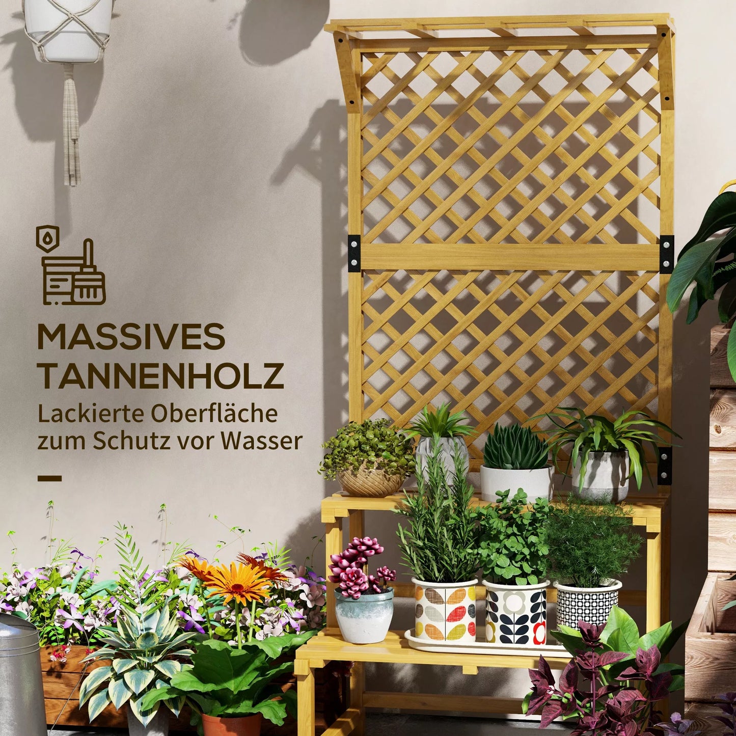 Augalų stovas, gėlių lentynos, 2 aukštai, su grotelėmis ir stogu, pušies mediena, 75x50x166 cm, geltonos spalvos