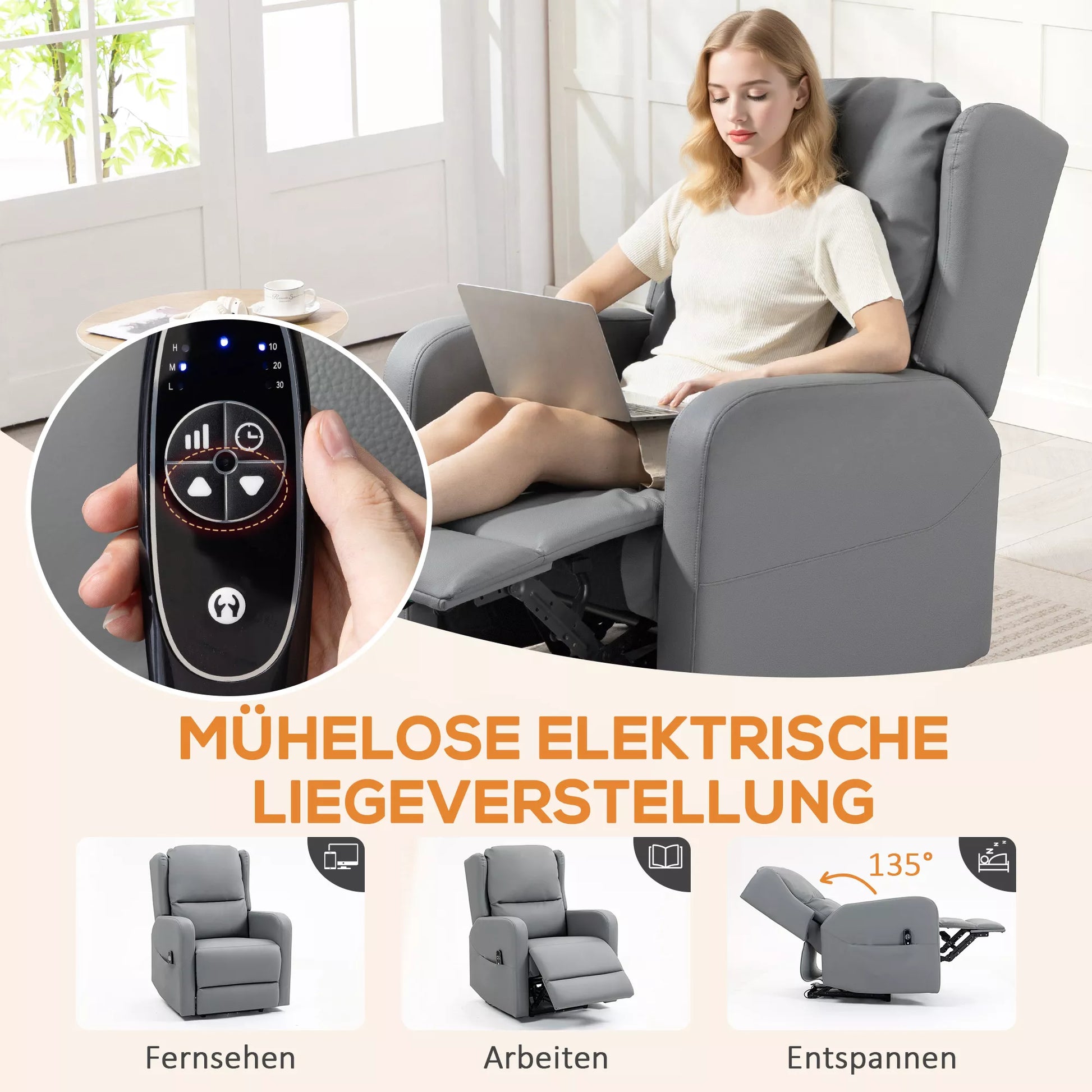 Masažinis krėslas su atlošimo funkcija, dirbtinė oda, elektra reguliuojamas, atrama kojoms, šoninė kišenė, plieninis rėmas, pilkos spalvos