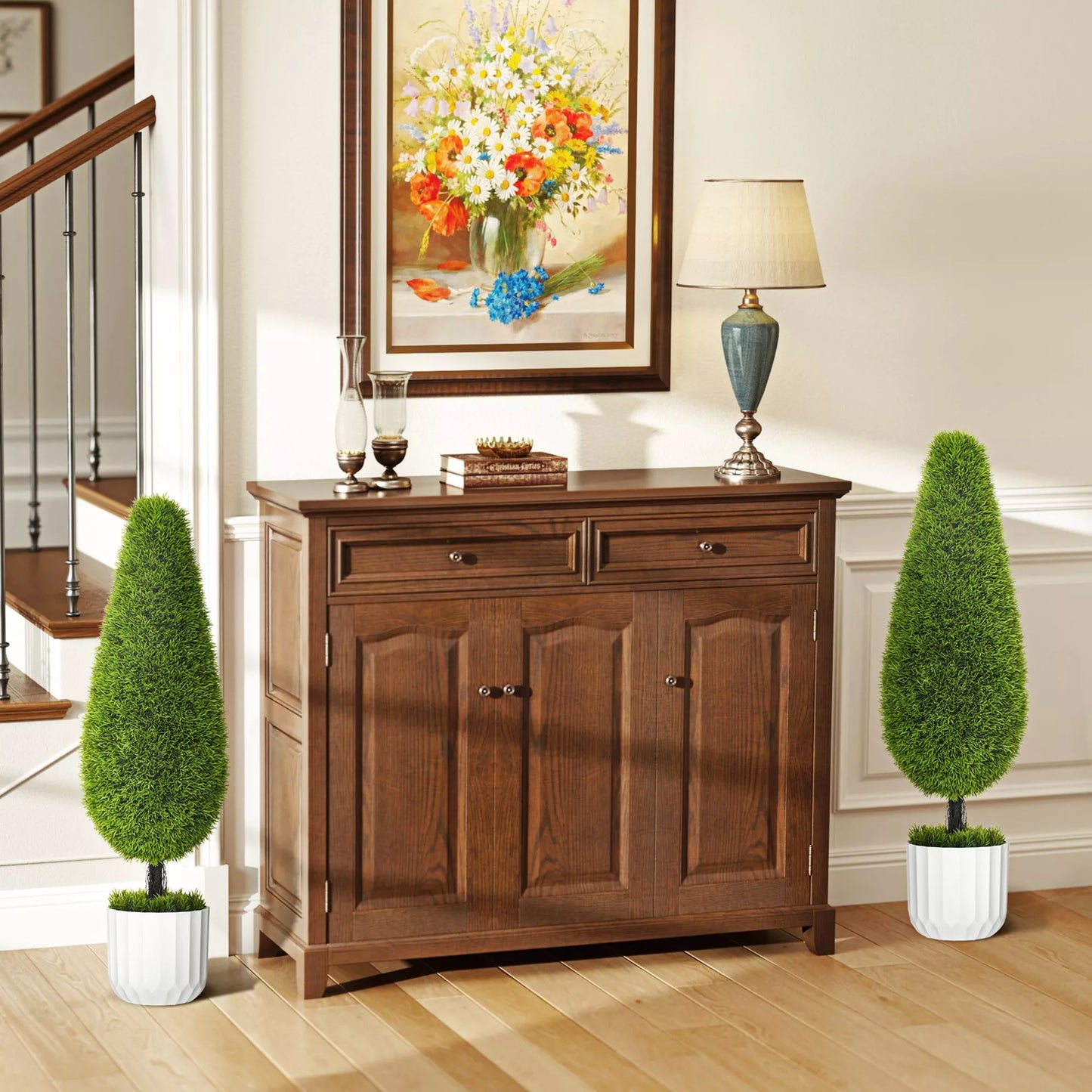 2 vnt. rinkinys dirbtinių augalų, su dekoratyviniu vazonu ir dirbtine samana; dirbtinis kiparisas, balta + žalia