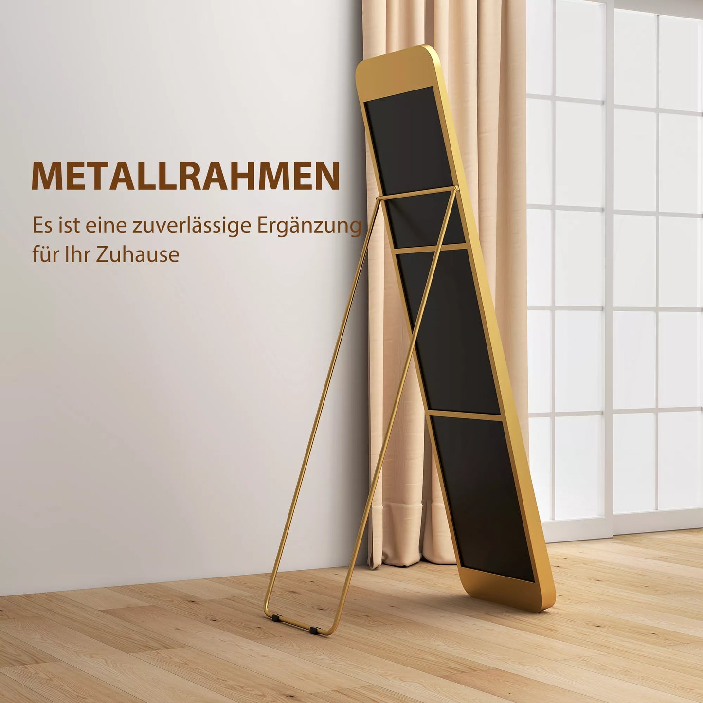 Visą kūną atspindintis veidrodis, laisvai stovintis, pakreipiamas, metalinis rėmas, MDF, 160 x 40 cm, aukso spalvos