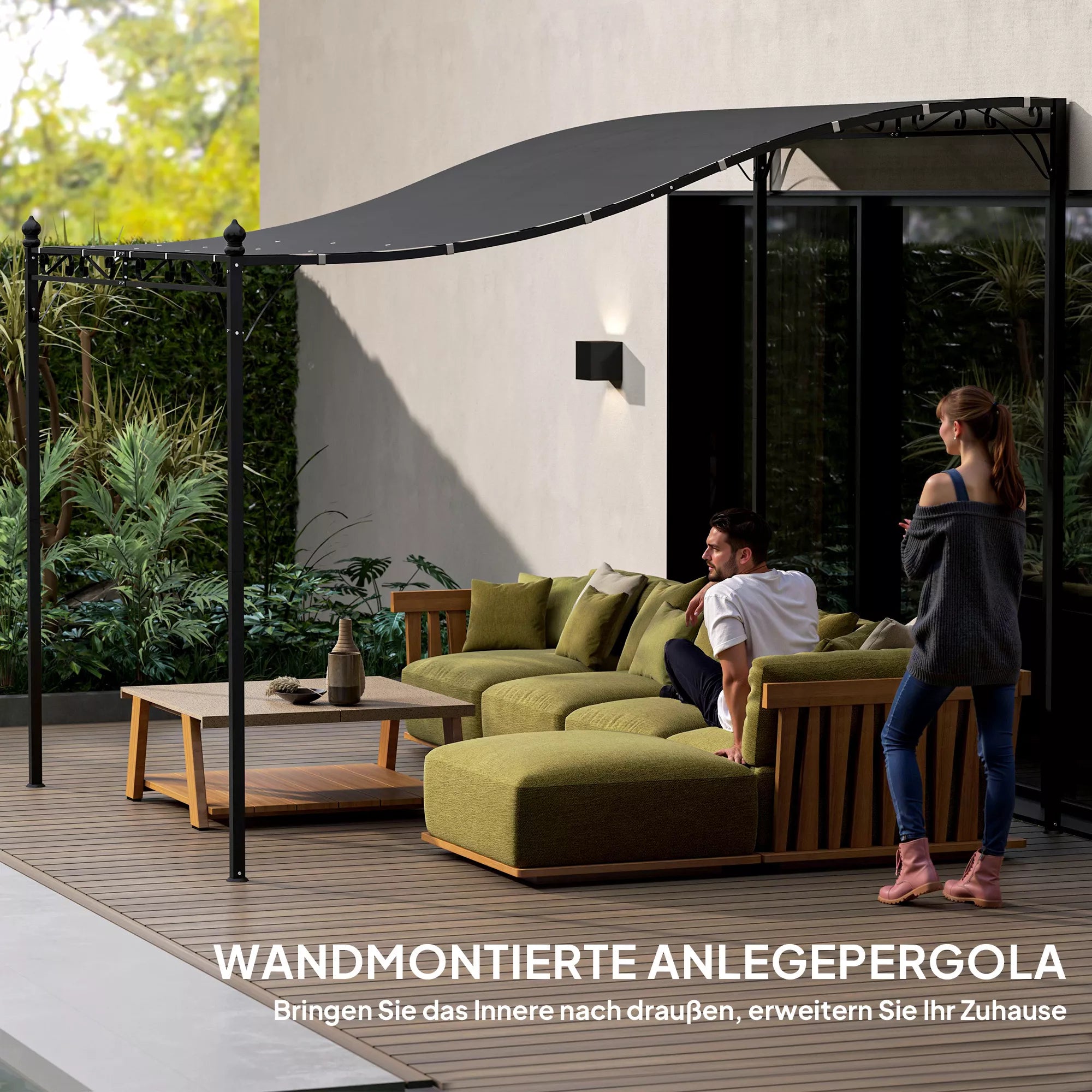 2,5 x 3 m pergola, prie sienos montuojamas sodo paviljonas, atsparus vandeniui, metalinis rėmas, drenažo angos, šešėlinis stogas, tamsiai pilkos spalvos