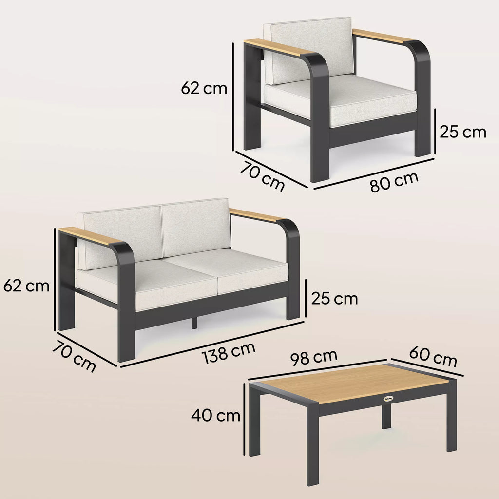 Sodo baldų komplektas iš aliuminio, skirtas 4 asmenims, atsparus vandeniui, ypač gilus, su dviviete sofa, 2 foteliais ir pagalbiniu staliuku