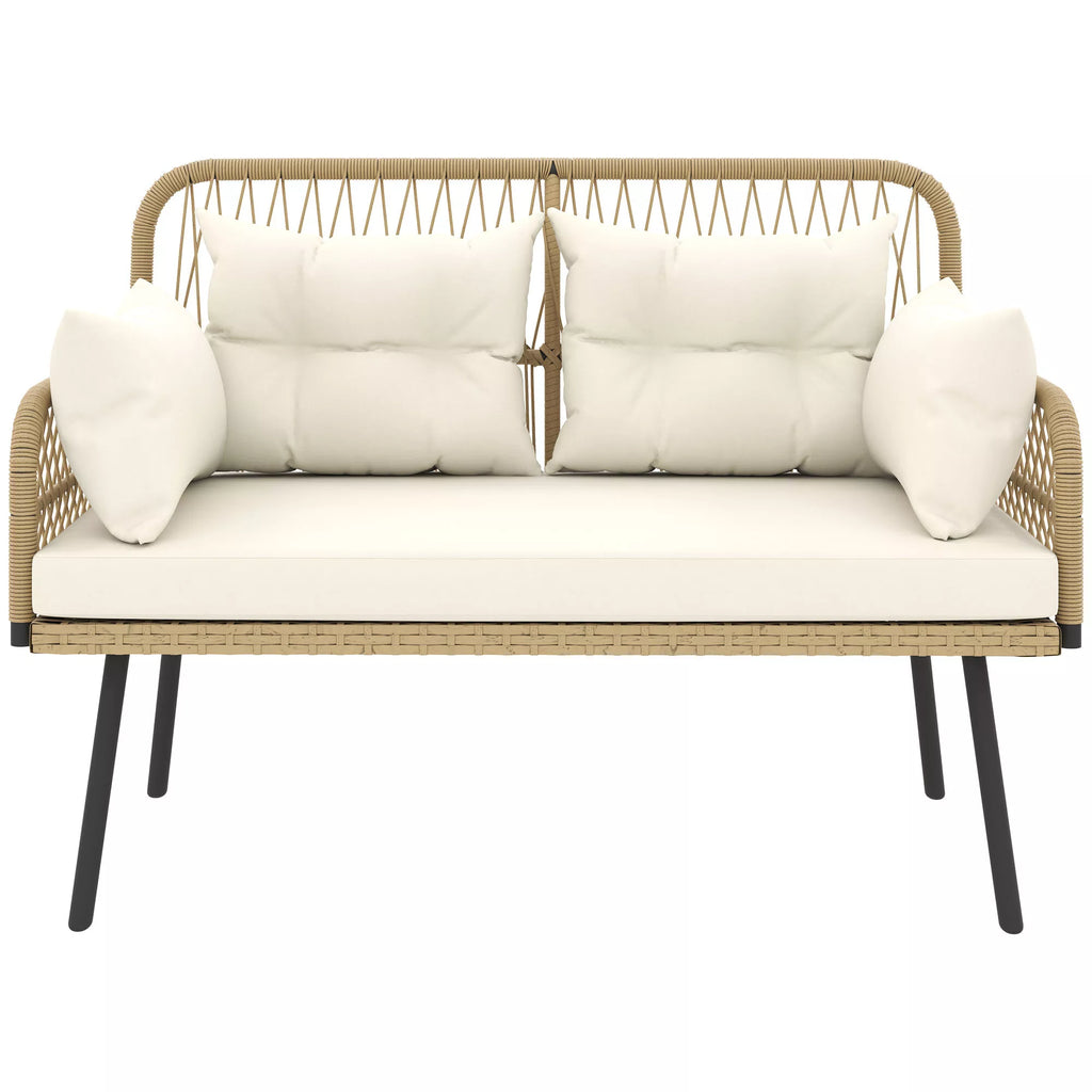 Lauko sofa su pagalvėlėmis, dvivietė sofa balkonui, boho, ratanas ir plienas, 115x61x82 cm, natūralaus medžio spalva,