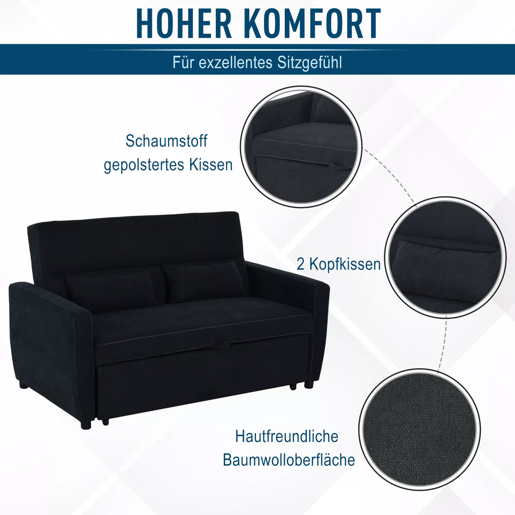 Sofa lova su miegojimo funkcija ir reguliojamu atlošu, 155 cm, juoda