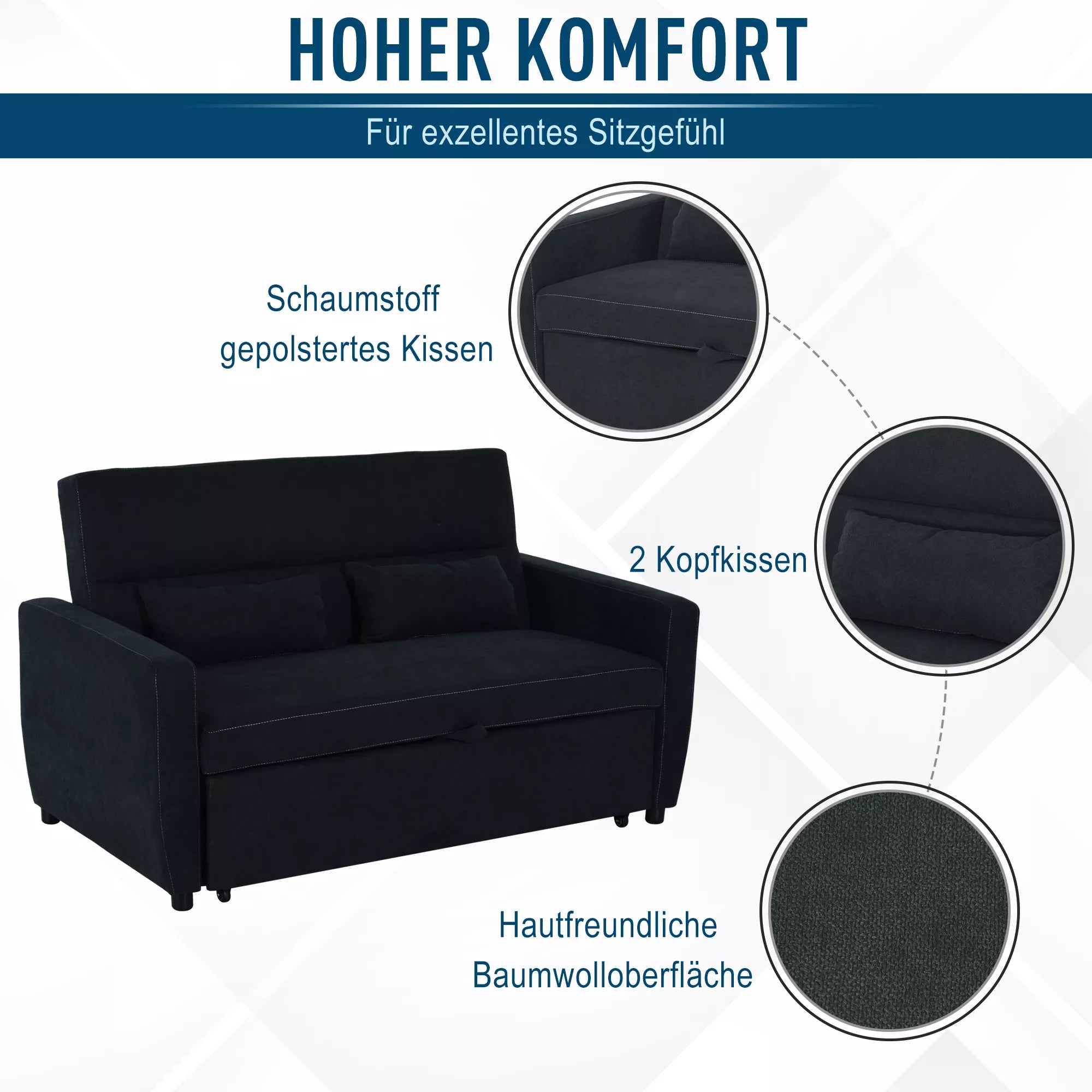 Sofa lova su miegojimo funkcija ir reguliojamu atlošu, 155 cm, juoda