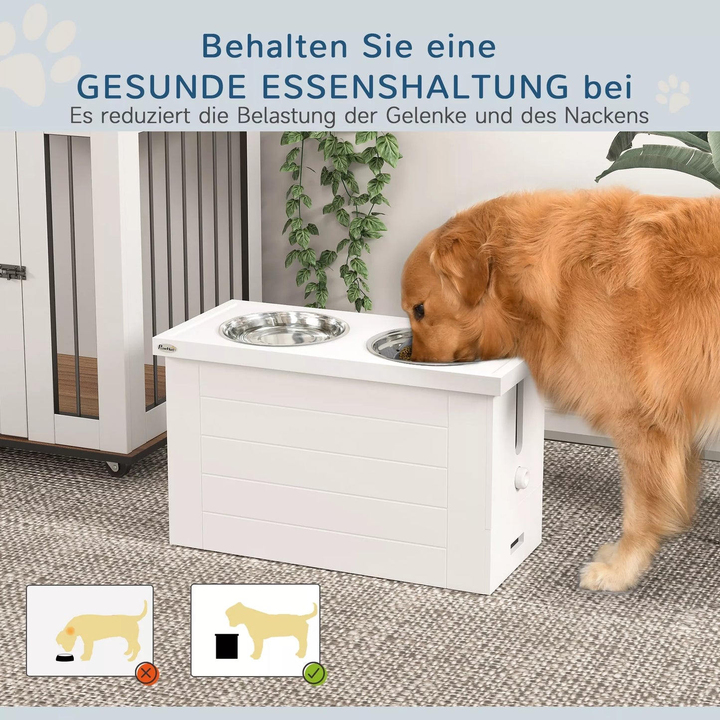 PawHut 2-in-1 paaukštintas šunų dubenėlis, reguliuojamo aukščio maisto dubenėlis su stovu, 2 x 2L nerūdijančio plieno dubenėliai, baltas