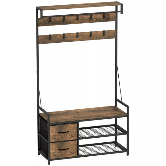 6-in-1 drabužių kabykla su batų lentyna, pramoninio stiliaus, 10 kabliukų, 2 audinio stalčiai, metalas, ruda