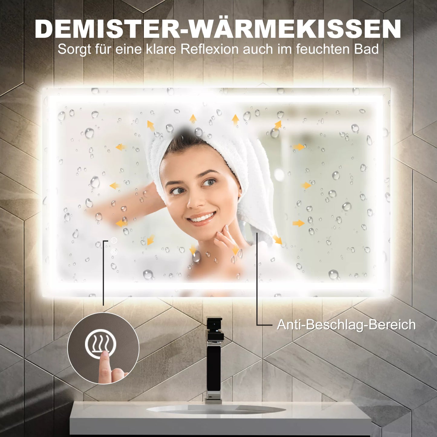 LED vonios veidrodis, reguliuojamas ryškumas, apsauga nuo rasojimo, atsparus vandeniui