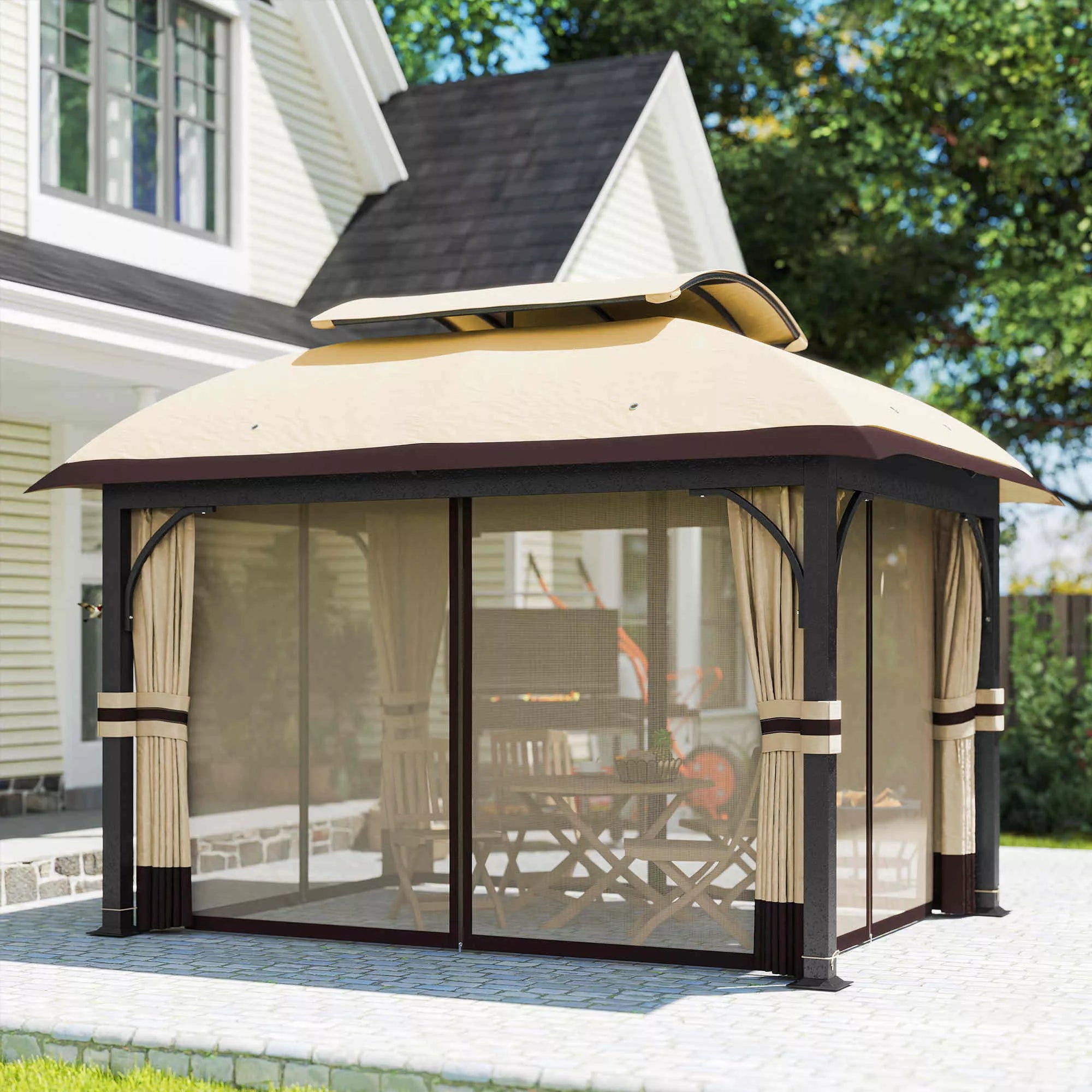 Sodo paviljonas, 3,3 x 4 m Sodo palapinė su tinklinėmis užuolaidomis, dviejų pakopų stogas, dirbtinės odos danga, metalinis rėmas, chaki spalvos