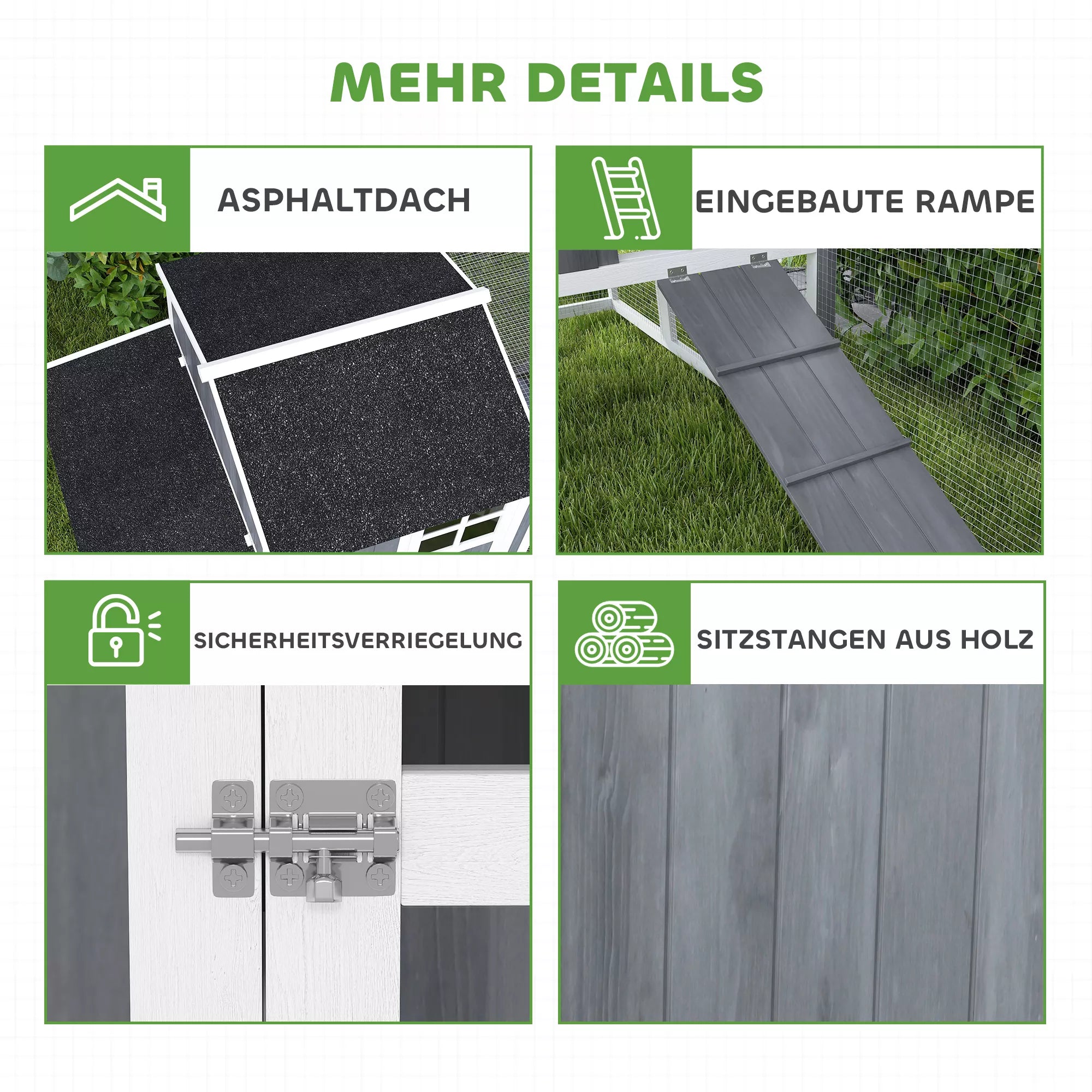 Vištidė su išėjimu 3–4 vištoms, 3 dalių lizdas, 1,9 m² plotas, pušies mediena, pilka spalva