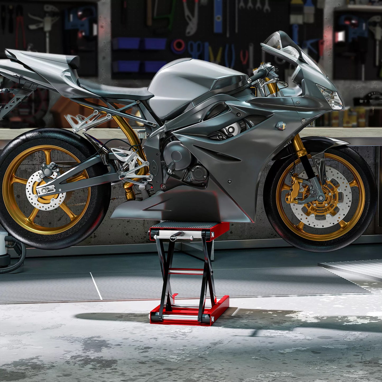 Motociklo keltuvas 500 kg keliamoji galia, motociklo pakelimo platforma, reguliuojamas aukštis 100-370 mm