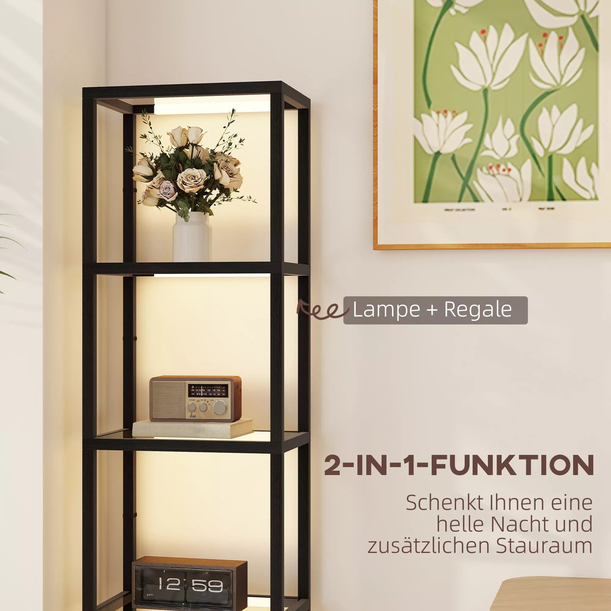 Pastatomas LED šviestuvas su 4 lentynomis, juodas