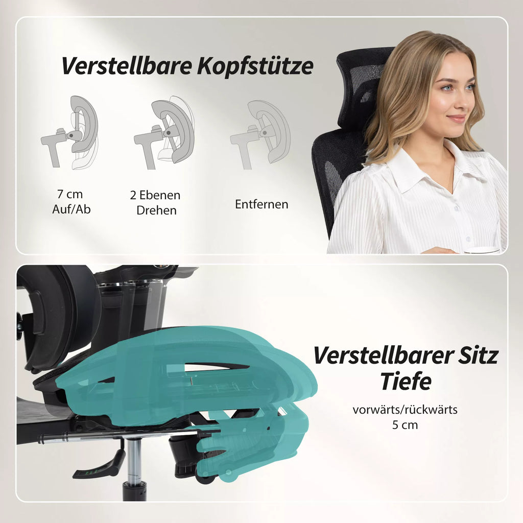 Biuro kėdė Ergonomiška darbo kėdė su reguliuojamu juosmens ir galvos atlošu 6D atlenkiamais porankiais Pėdų atrama Tinklelis Juoda