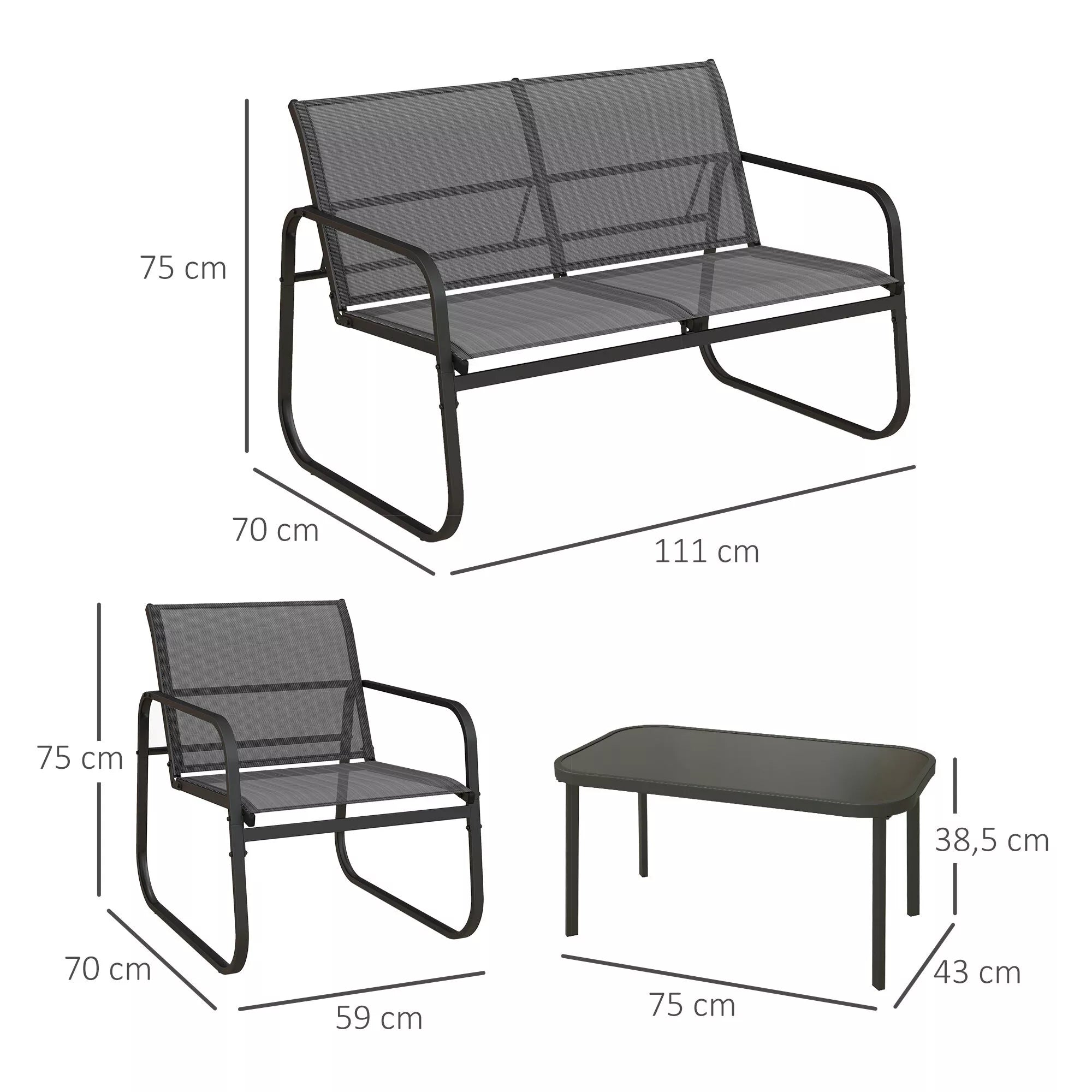 Sodo baldų komplekto matmenų schema