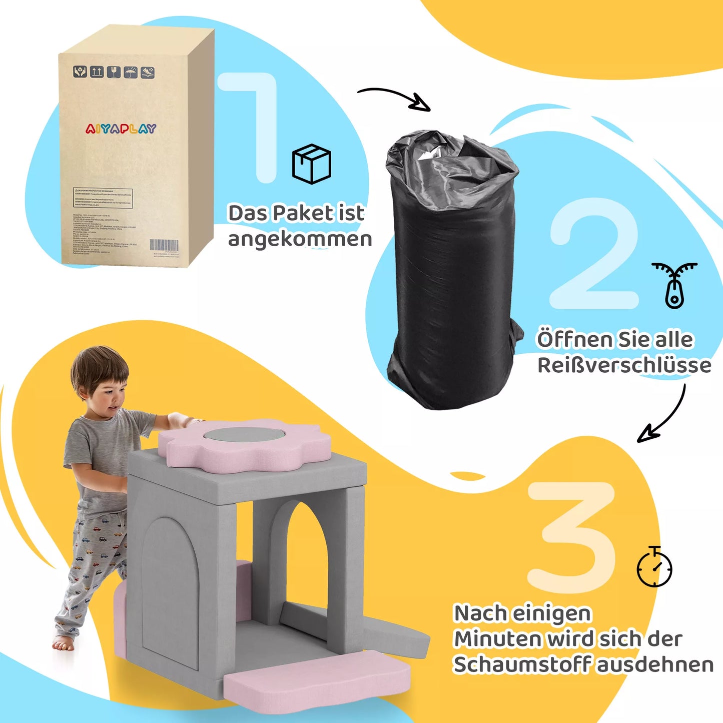 12 dalių putplasčio blokelių rinkinys laipiojimui, statyboms, ropojimui, vidiniai žaidimų kilimėliai su kordiniu užvalkalu, Pilka+Rožinė