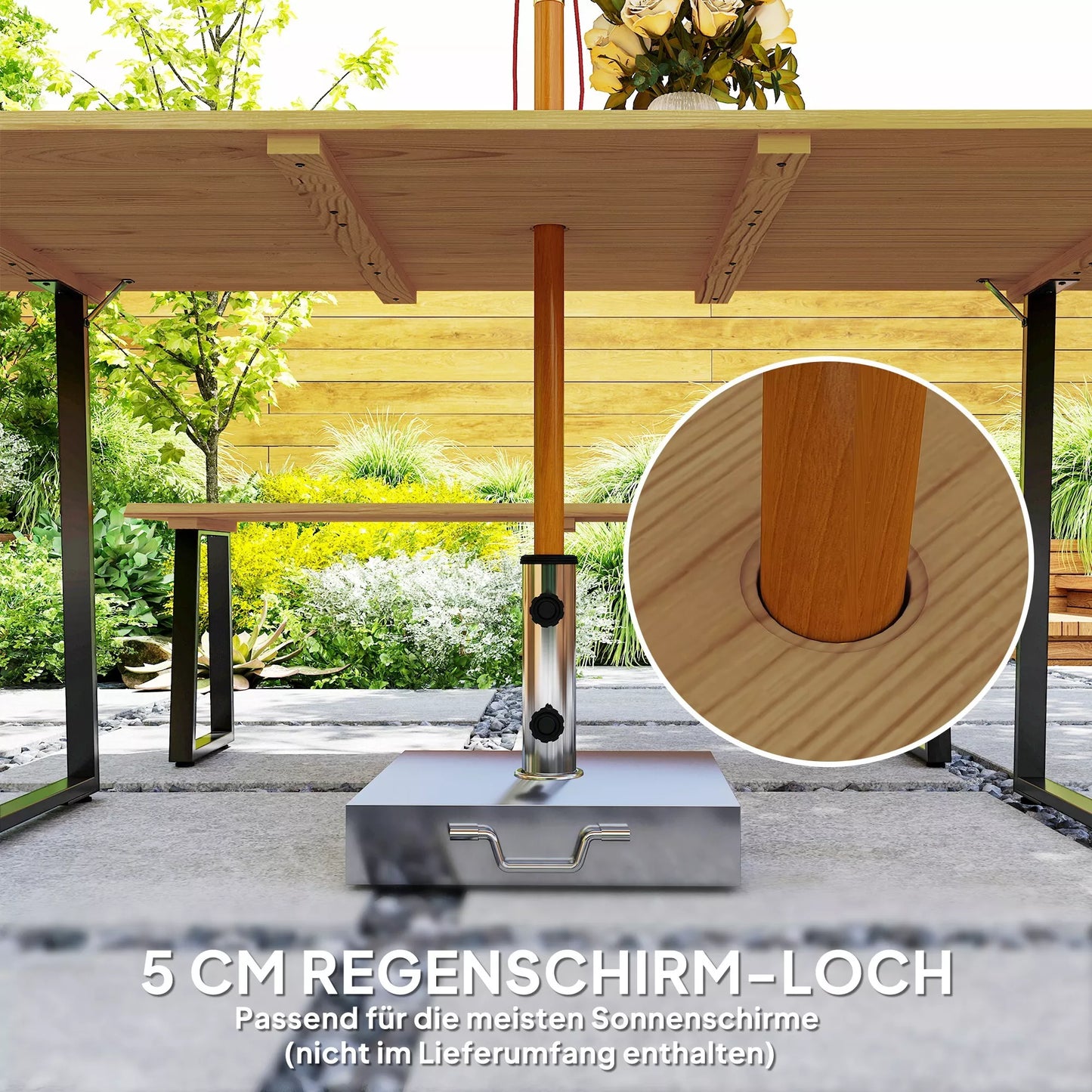 3 dalių medinė sėdimoji grupė, valgomojo komplektas 6 žmonėms, valgomasis stalas su 2 suoliukais, skylė skėčiui, medinis stalas 178 x 76 x 77 cm, natūrali mediena