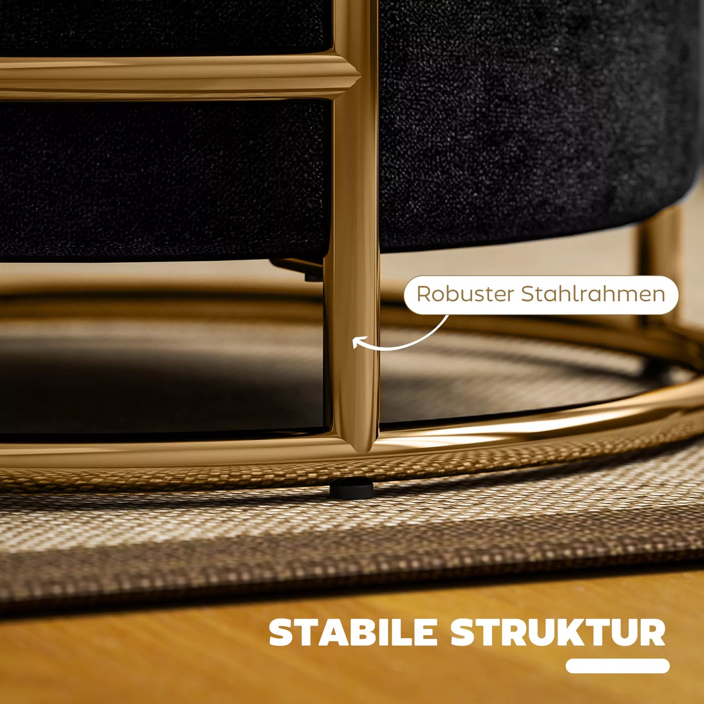 Pufas su daiktadėže, minkštas pufas, metalinis rėmas, paauksuotas, juodas