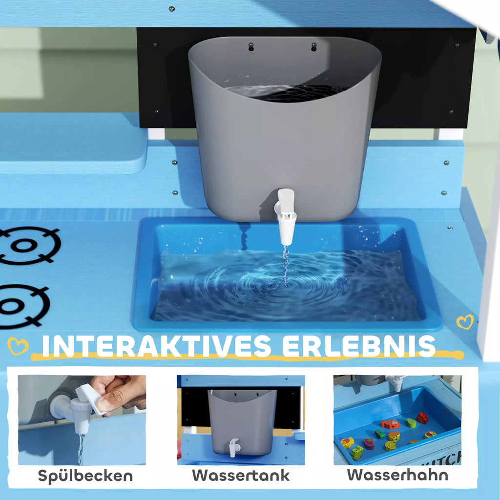 Lauko žaidimų virtuvėlė vaikams su saulės stogu, virtuvės reikmenų rinkinys, masyvi mediena, mėlyna