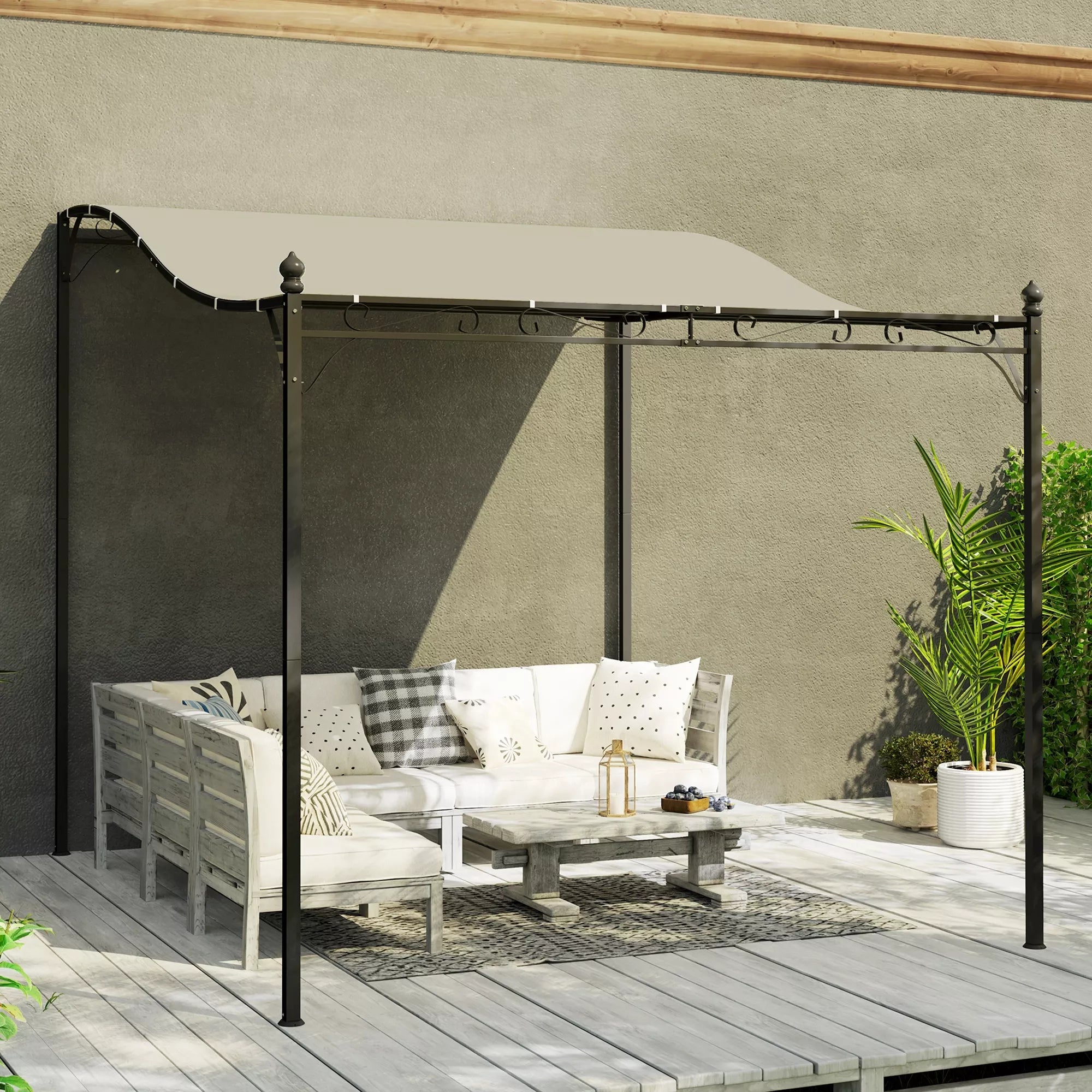 2,5 x 3 m pergola, prie sienos montuojamas sodo paviljonas, atsparus vandeniui, metalinis rėmas, nuotekų angos, šešėlinis stogas, kreminės baltos spalvos