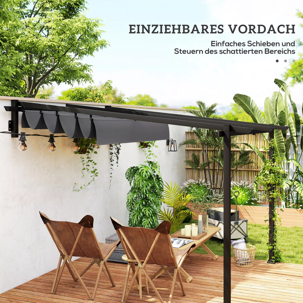 Pavilionas, 3 x 3 m Pergola, Vėjo nepraleidžiantis terasos stogas, Montavimas prie sienos, Reguliuojamas stogas, Skirtas sodui, terasai, Tamsiai pilkos spalvos