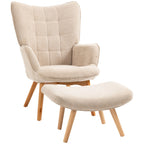 Smėlio spalvos sparnuotas fotelis su atitinkamu pufu ir bukinės medienos kojomis