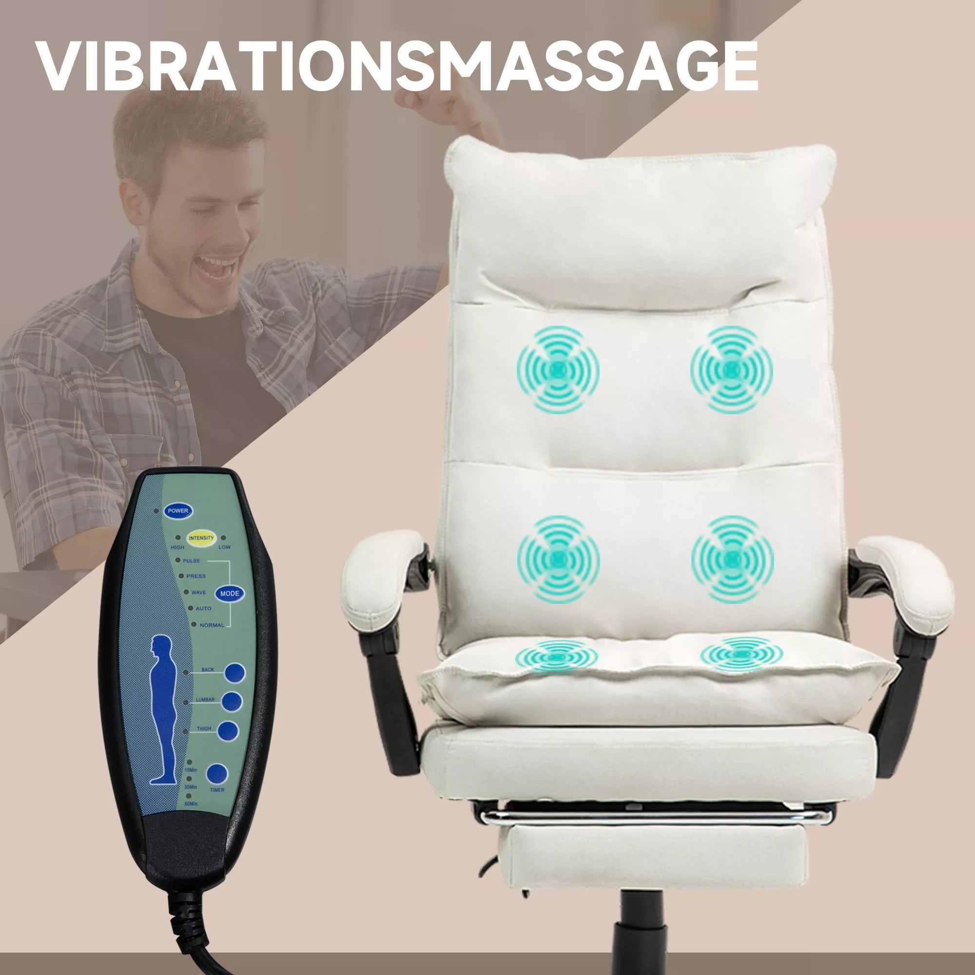 Masažinė biuro kėdė, darbo kėdė su masažo funkcija, aukščio reguliuojamas, ergonomiškas pasukamas krėslas, nailonas, kreminės baltos spalvos