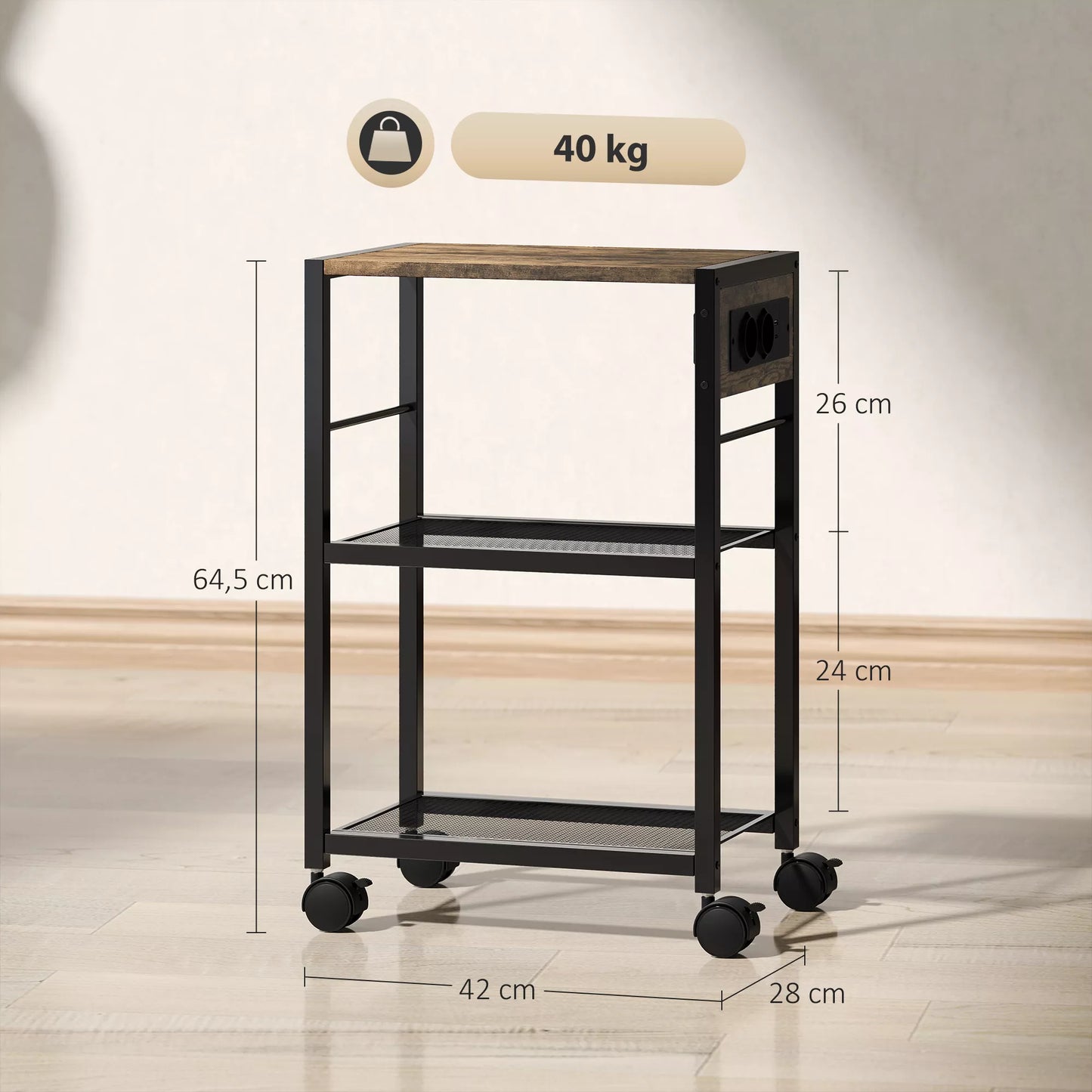 Spausdintuvo stovas Spausdintuvo lentyna su ratukais, elektros lizdais, USB ir USB-C jungtimis iki 40 kg Rustykalinė ruda
