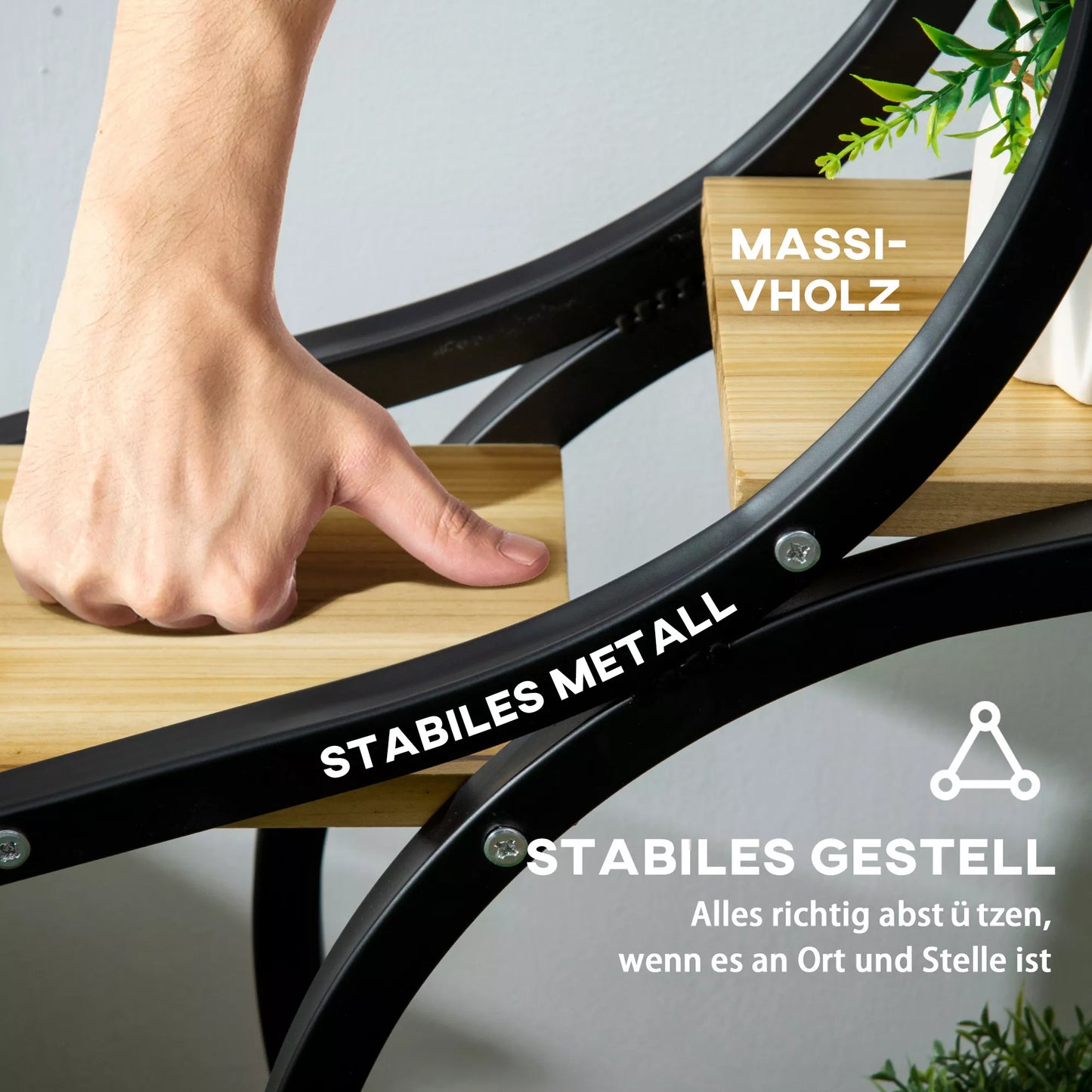 Augalų stovas su 4 lentynomis, masyvo mediena, atsparus oro sąlygoms, 46 cm x 25 cm x 91 cm, Juoda + Natūrali