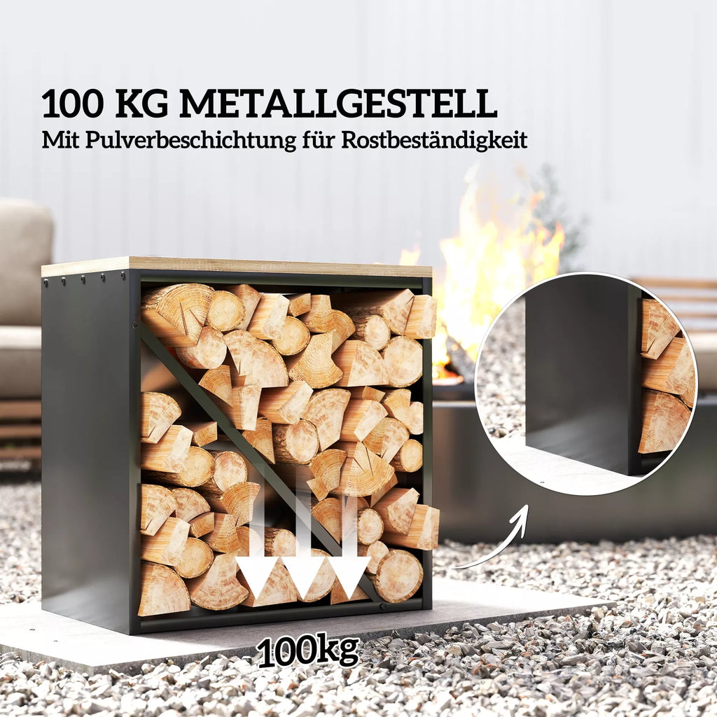 2-in-1 vidinė malkinė 58 x 36 x 60cm paaukštintas malkų stovas su pertvara Metalinis Juodas