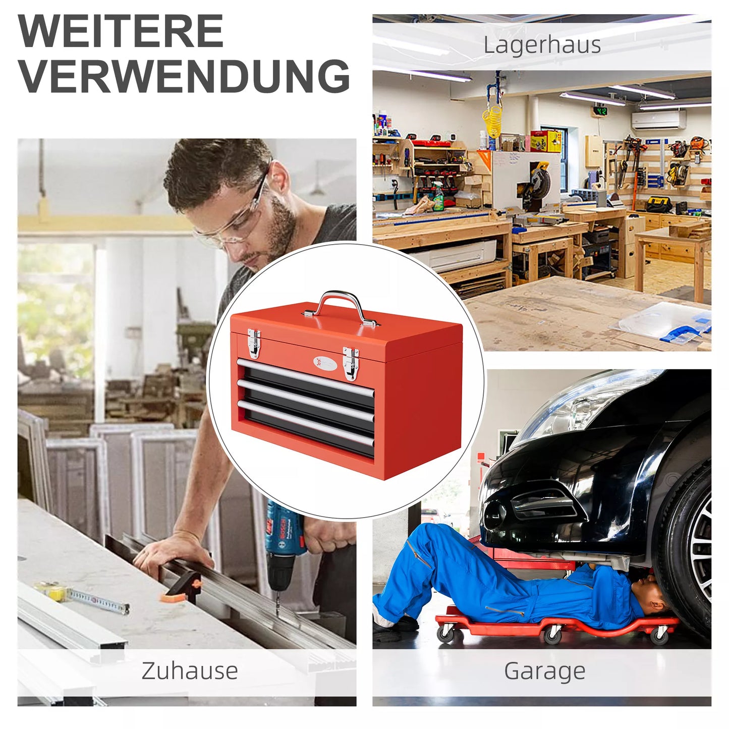 DURHAND įrankių dėžė su 3 stalčiais, 1 skyriumi, tvirtu plieniniu užsegimu, 45 x 24 x 27 cm, raudona