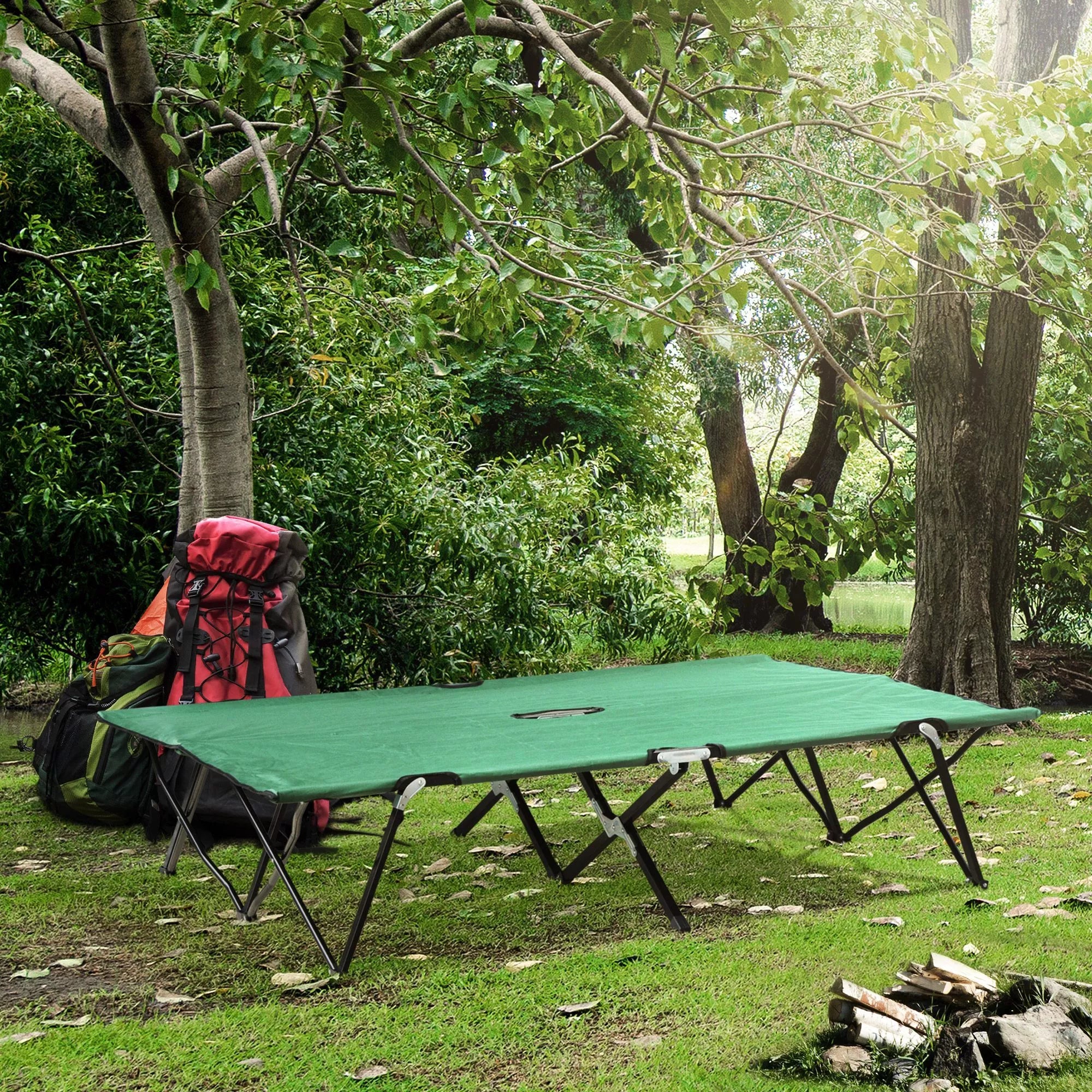 Sulankstoma kempingo lova 2 asmenims Sulankstoma lauko lova su nešimo krepšiu, atlaiko iki 136 kg svorį Plienas Oxford Žalia+Juoda 193 x 125 x 40 cm