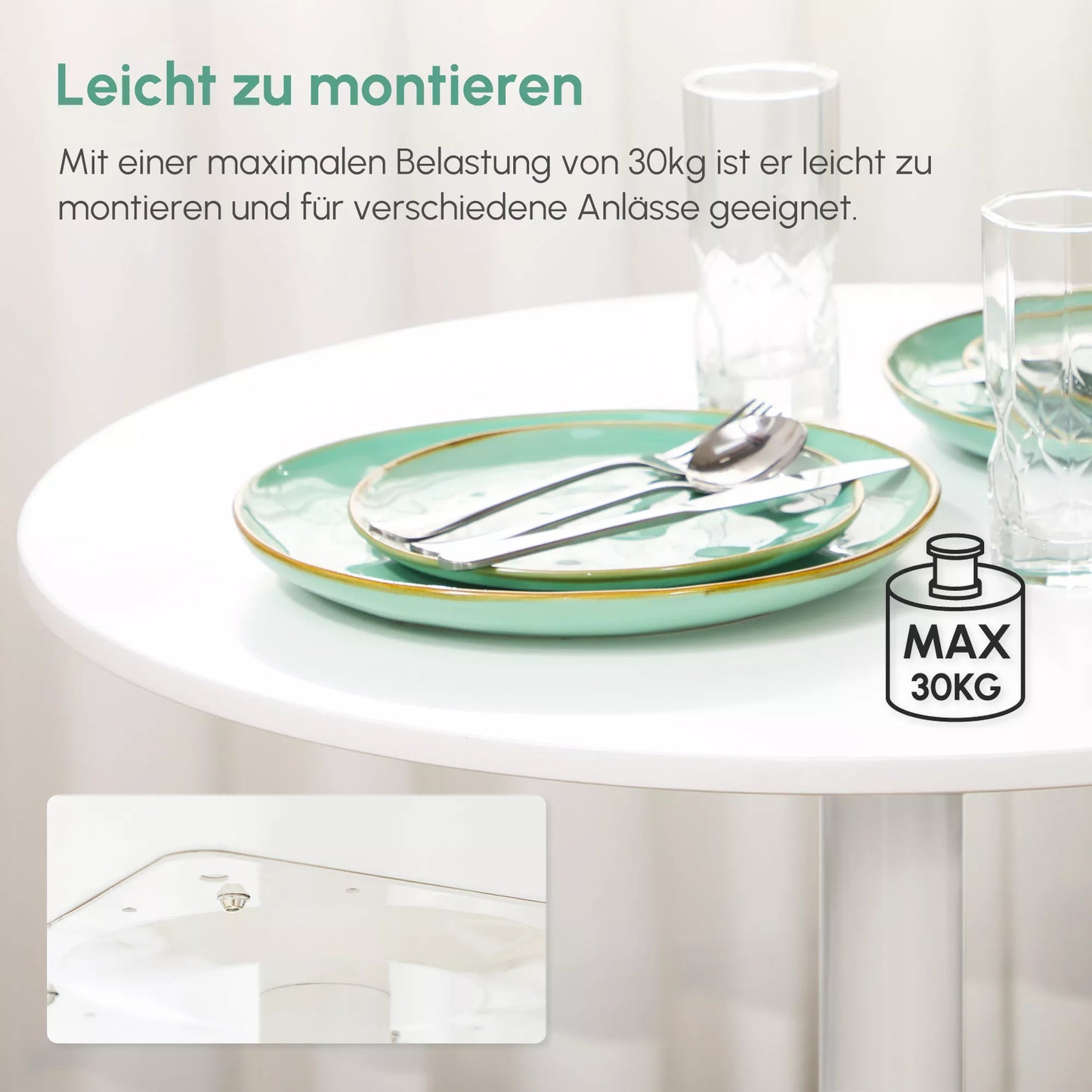 Valgomasis stalas 2 žmonėms, apvalus stalviršis, plieninis pagrindas, baltas, 70 x 70 x 75 cm