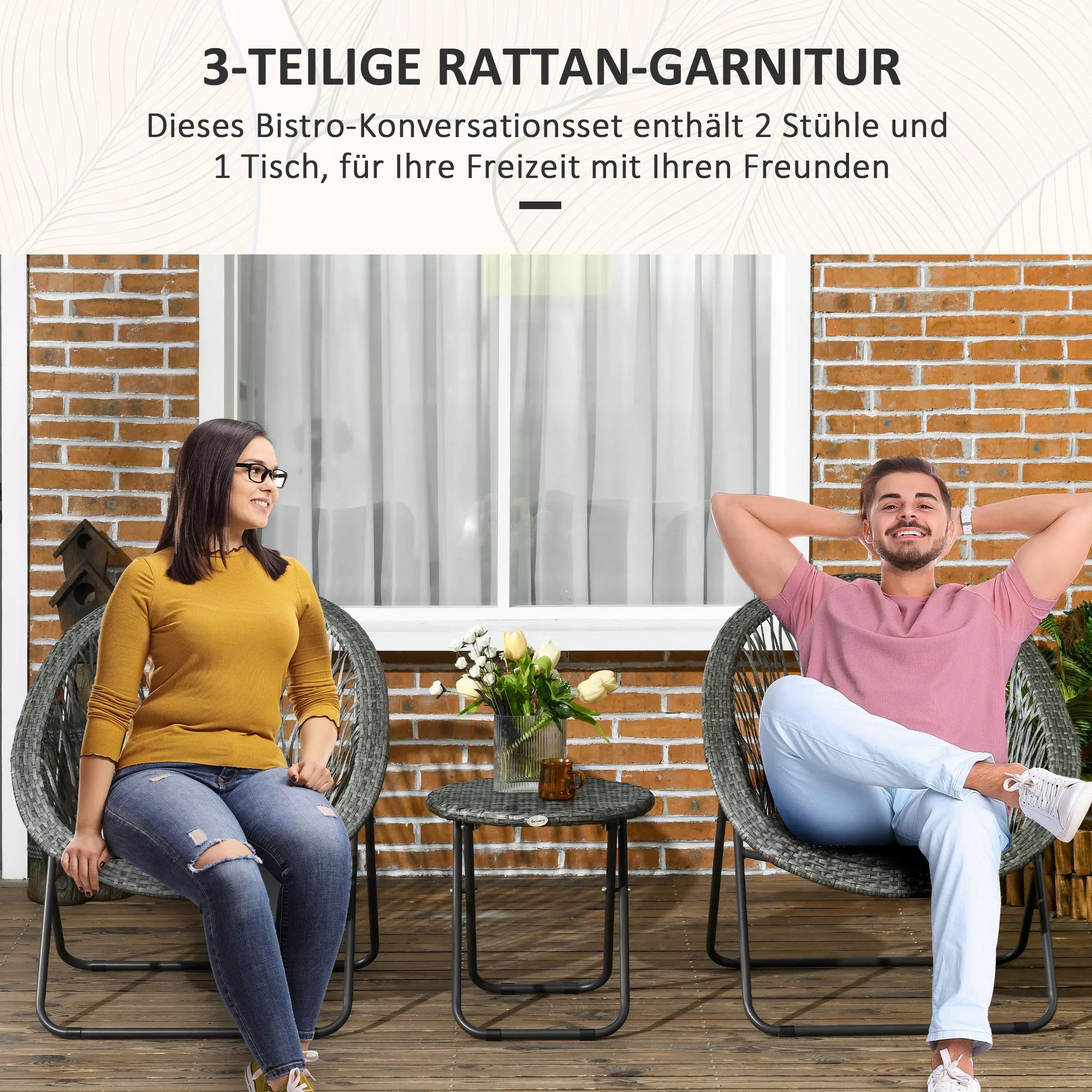 Sodo baldų komplektas, 3 dalių, rotango imitacija, 2 kėdės, 1 stalas, sulankstomas, pilkos spalvos