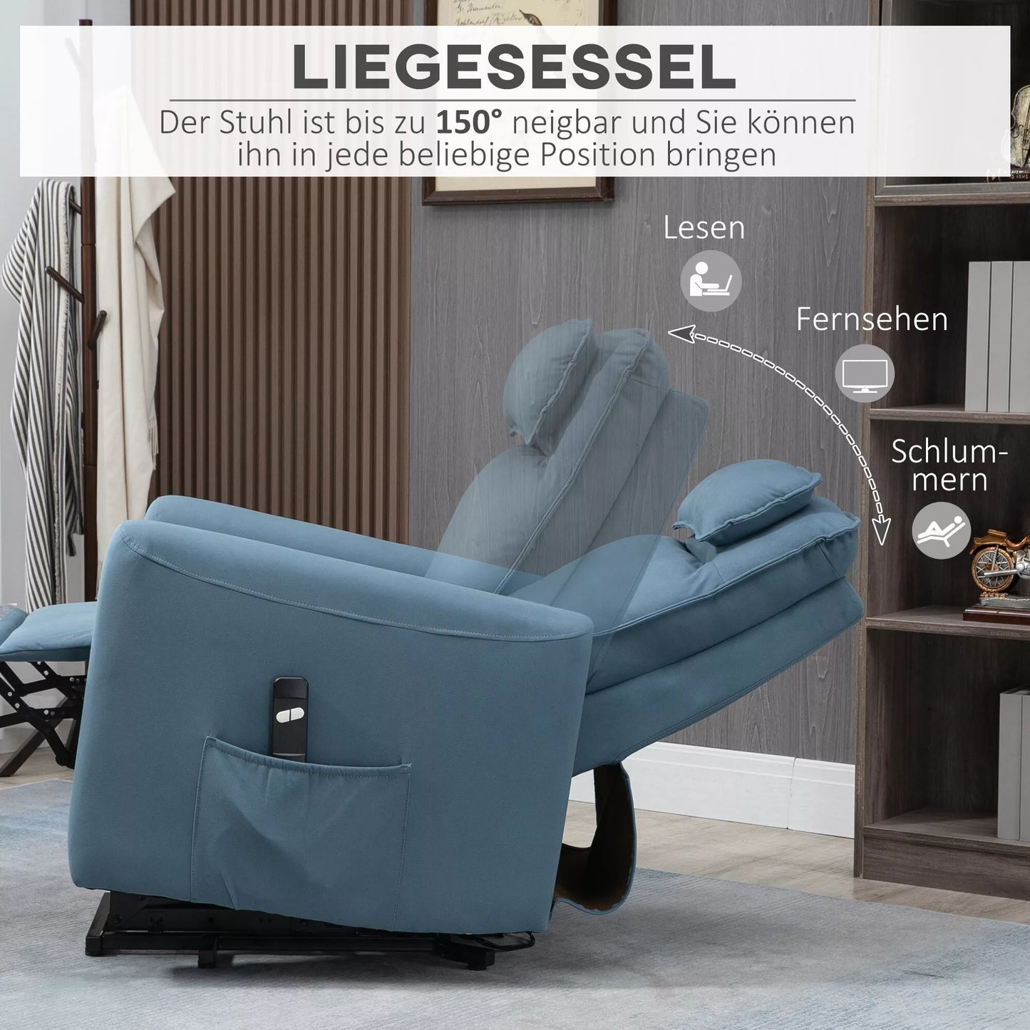 HOMCOM Pagalbinė atsistojant poilsio fotelis, integruota kojų atrama, šoninė kišenė, laidinis nuotolinio valdymo pultelis, 84 x 89,5 x 105 cm, Mėlynas