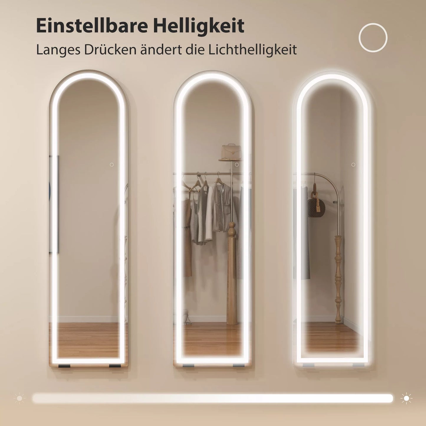 Visą kūną atspindintis veidrodis su LED lemputėmis, 150 x 40 cm, lenkto pavidalo, reguliuojamas apšvietimas, 3 šviesos spalvos, stovintis arba montuojamas ant sienos, baltas