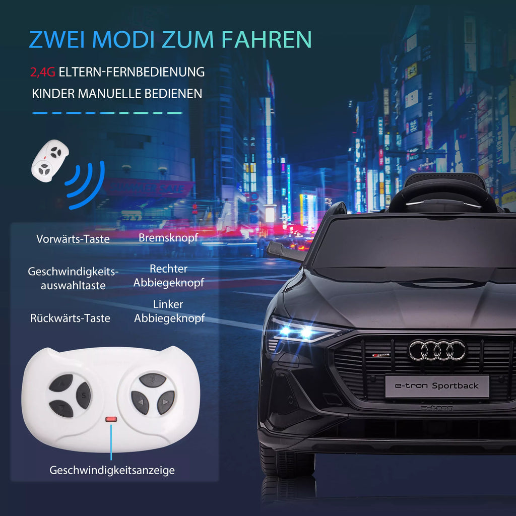 Elektrinis vaikų automobilis 12 V elektrinis automobilis „Audi E-tron“ su nuotolinio valdymo pultu, saugos diržu, muzika (MP3/USB/TF), vaikų automobilis vaikams nuo 3 iki 5 metų, 3–5 km/h, juodos spalvos