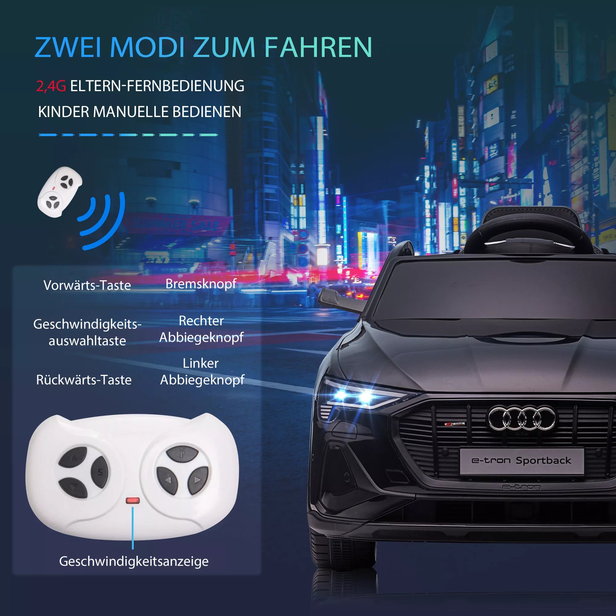 Elektrinis vaikų automobilis 12 V elektrinis automobilis „Audi E-tron“ su nuotolinio valdymo pultu, saugos diržu, muzika (MP3/USB/TF), vaikų automobilis vaikams nuo 3 iki 5 metų, 3–5 km/h, juodos spalvos