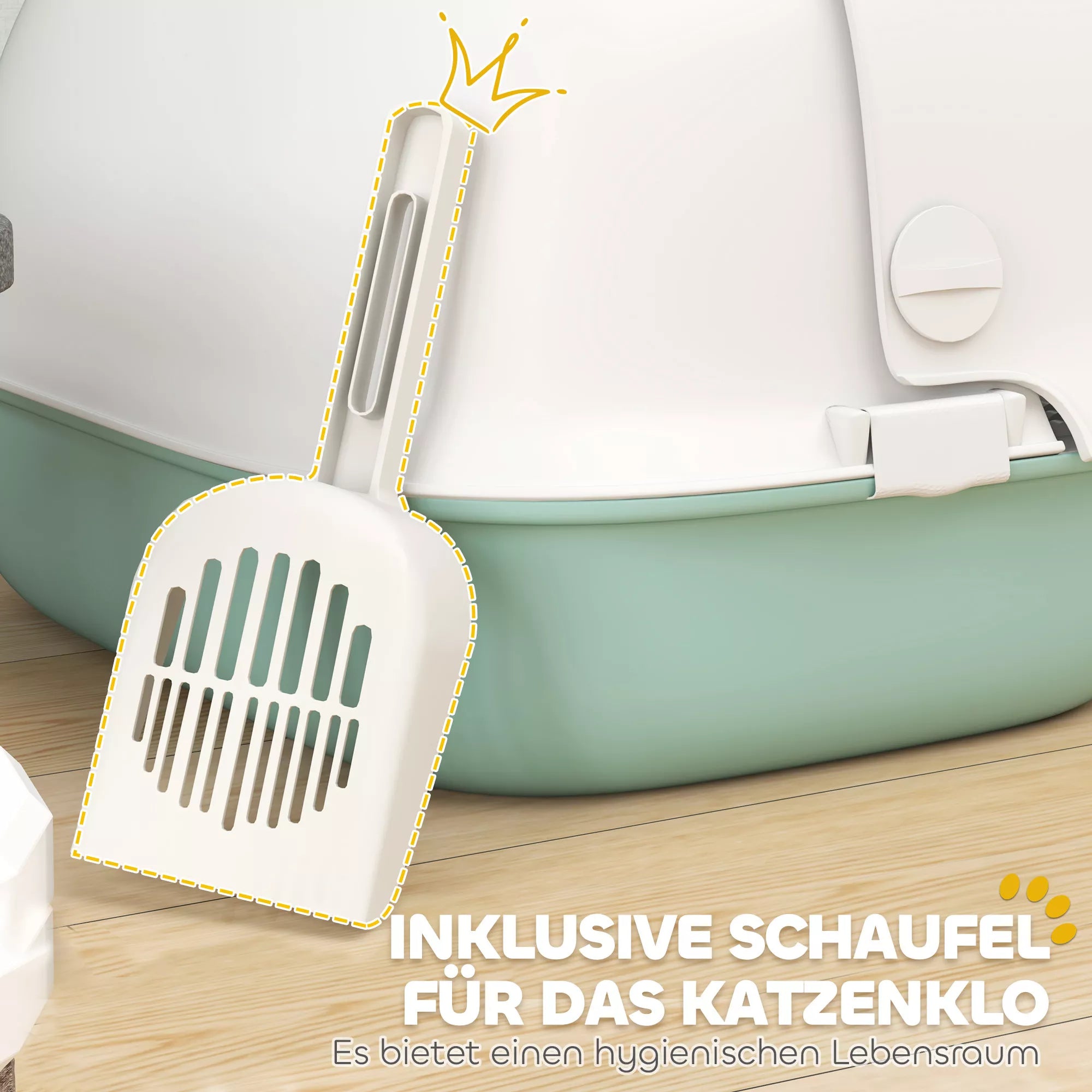 Katės tualetas su dangčiu, katės dėžė su vidiniu kanalu, durelėmis, kastuvu, lengvai valoma, plastikinė, žalia