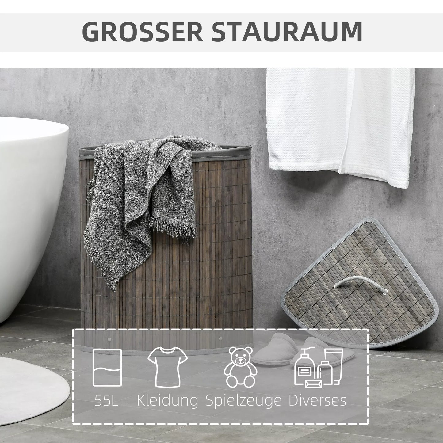 55 L skalbinių krepšys su dangčiu, rankena, skalbinių rūšiuoklis su išimamu skalbinių maišeliu vonios kambariui, bambukas, pilkas.