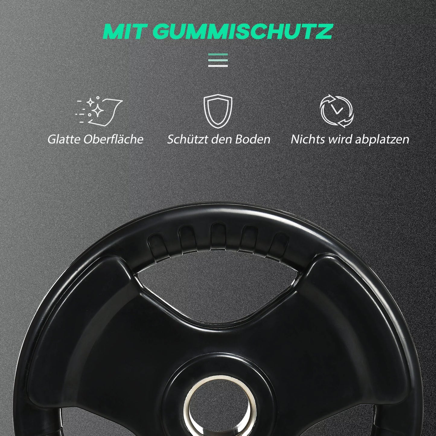 Hantelio diskas, 2 vnt. rinkinys, po 15 kg diskui, trys rankenos, grindims draugiškas guminis apvalkalas, metalas