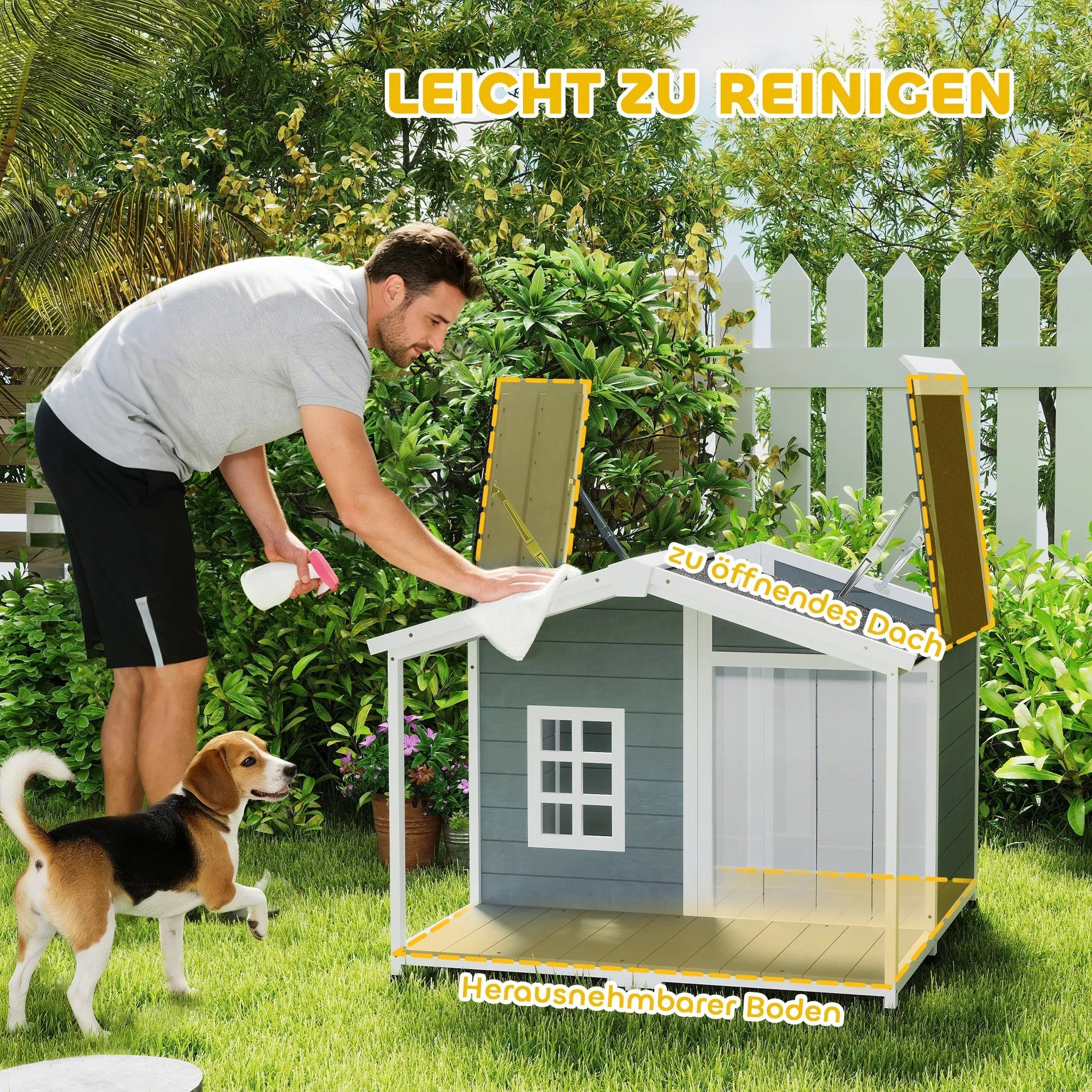 Šunų būda, atspari nepalankioms oro sąlygoms, pakelta medinė šunų būda su asfaltiniu stogu, terasa, vidutinio dydžio šunims, 103x107x83,5 cm, pilkos spalvos