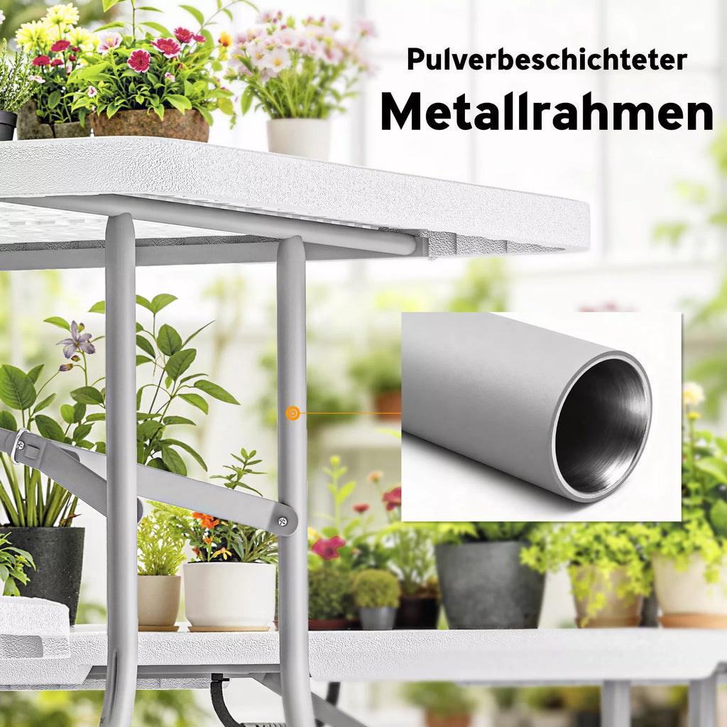 3 dalių pikniko stalo rinkinys, 1 stalas, 2 suolai, sulankstomas kempingo stalas su nešimo rankenomis, plastikas, metalas, baltas