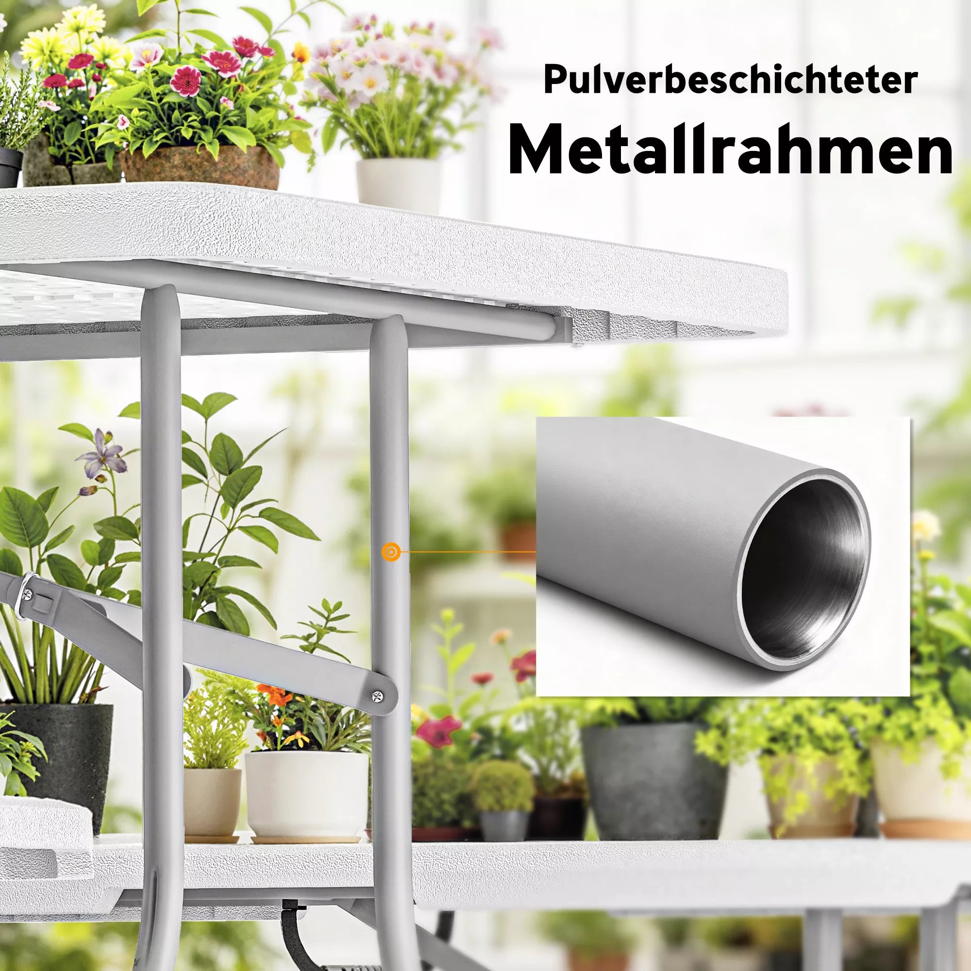 3 dalių pikniko stalo rinkinys, 1 stalas, 2 suolai, sulankstomas kempingo stalas su nešimo rankenomis, plastikas, metalas, baltas