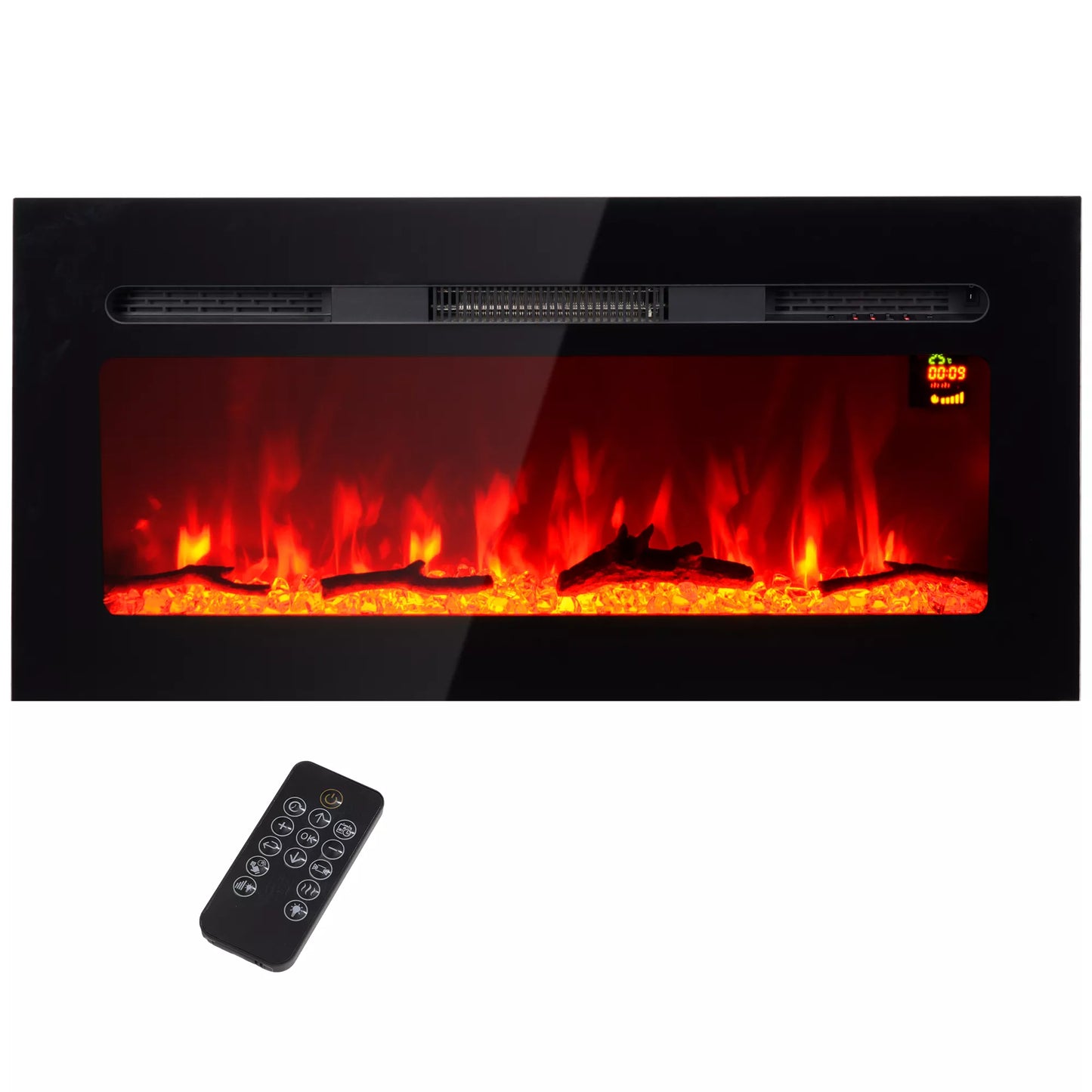 Elektrinis židinys su sieniniu laikikliu ir nuotolinio valdymo pulteliu, dirbtinės malkos ir kristalai, 1800W galia, juodos spalvos.