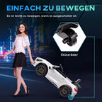 Informacinė grafika apie lengvai pernešamą baltą elektromobilį